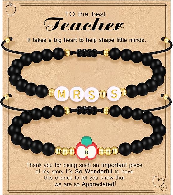 Teacher Appreciation Bracelet Gifts for Women Initial Beaded Bracelets Back to School Thank You Teacher Gifts 2pcs Link Bracelet New Teacher Graduation Gift Birthday Retirement Teachers' Day Jewelry