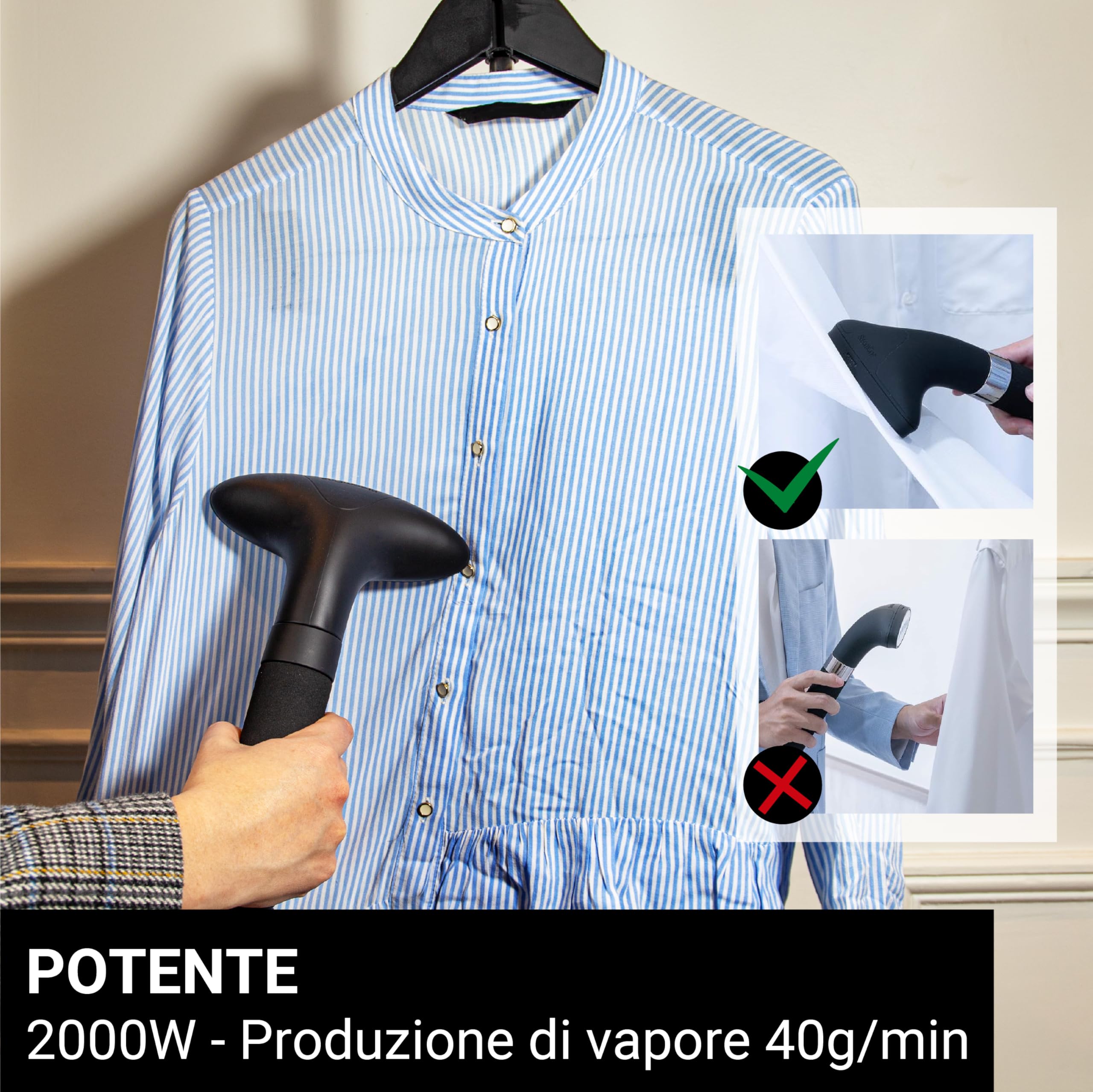 SteamOne T2000B - Steamer Professionale 2000W - Stiratrice Verticale con piastra Acciaio Inox, Ferro da Stiro Vapore continuo, Asta telescopica, Serbatoio 3,5L, Accessori inclusi - Alta Qualità