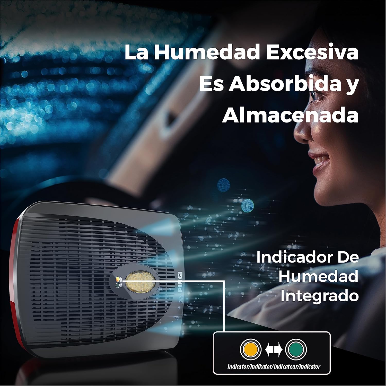 Close-up of the Pingi dehumidifier's humidity indicator changing from orange to green.