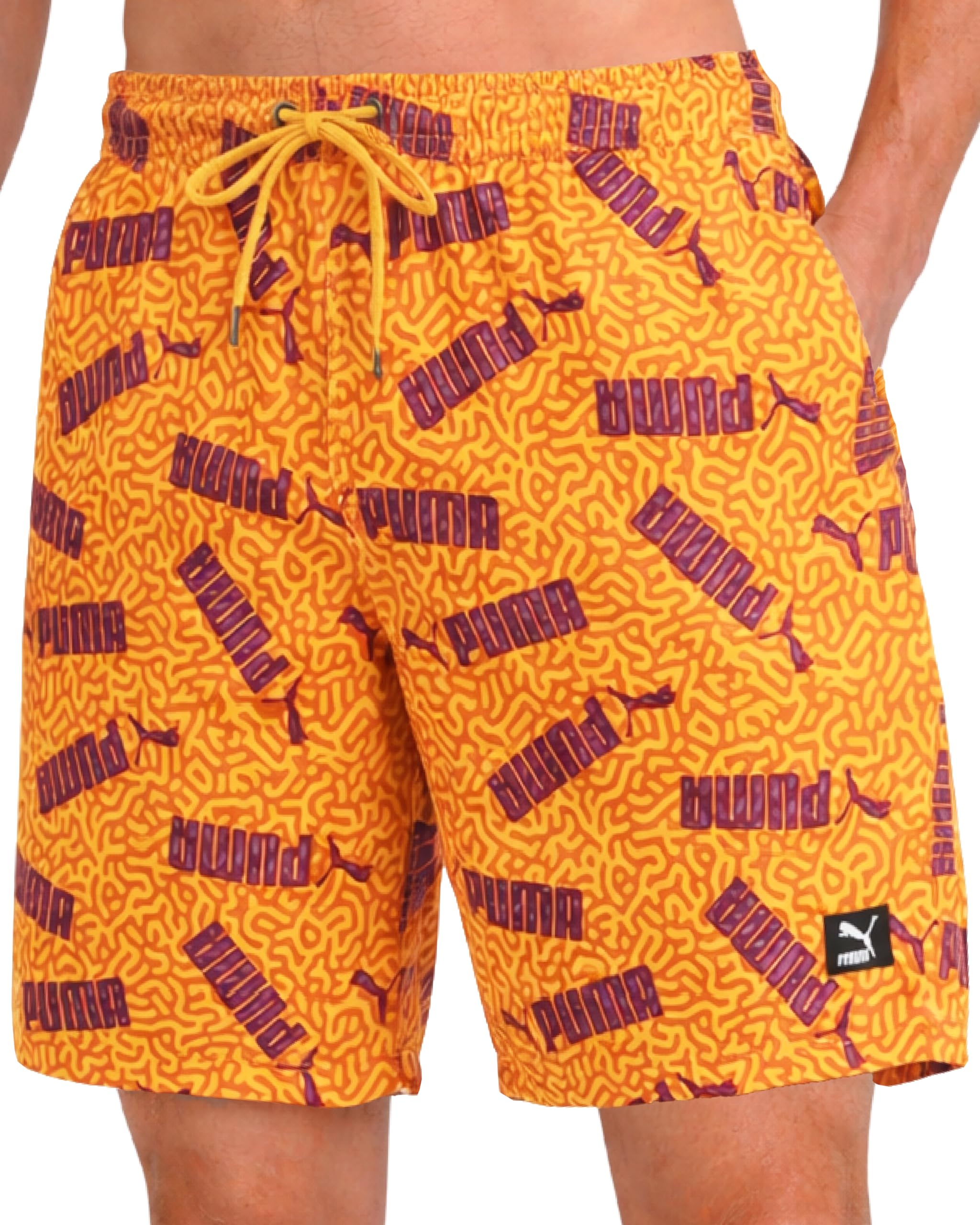 PUMA Mens Swim Trunks - Quick Dry Athletic Performance 8" Inseam Swimming Trunks for Men with Mesh Compression Liner, Orange/Yellow, XXL