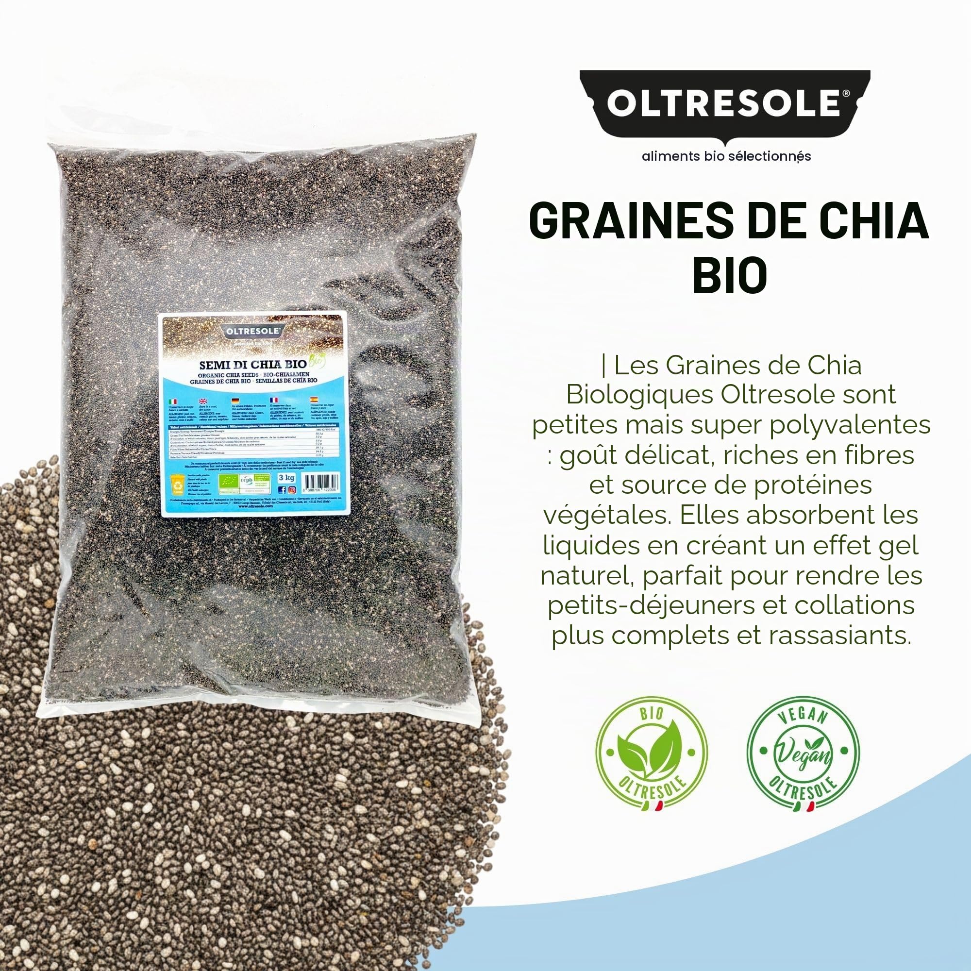 Oltresole - Graines de chia biologiques 3 kg - Graines brutes, source de protéines, naturellement sans gluten, idéales pour les salades ou les produits enrichis cuits au four, conditionnement pratique