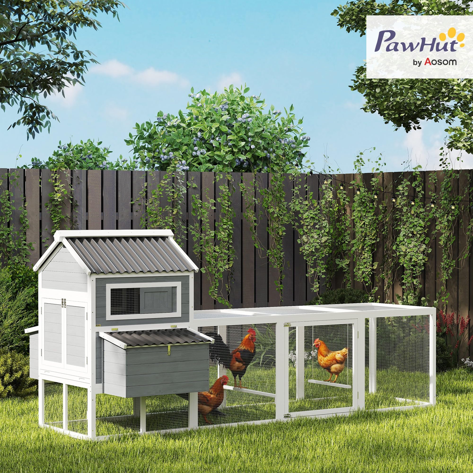 PawHut Gallinero Jaula para 10-15 Gallinas 315,5x150,5x140,5 cm Gris | para Exterior, de Madera, Grande, con Perchas, Columpio, Rampa, Bandeja Extraíble