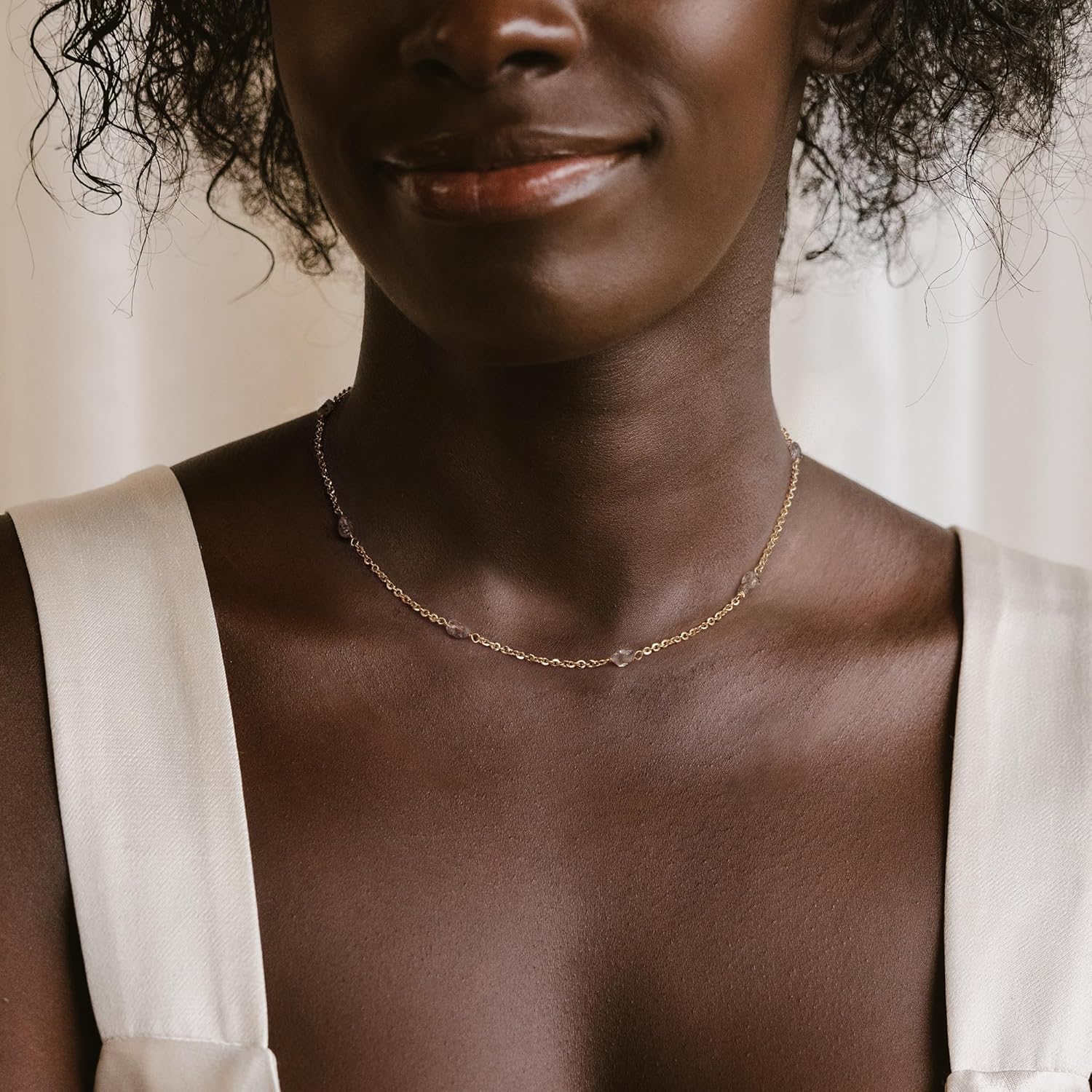 MYEARS Women Bead Choker Station Necklace Gold Gemstone 14K Simple Dainty Handmade Chain Everyday Boho Beach Jewelry - Image 3