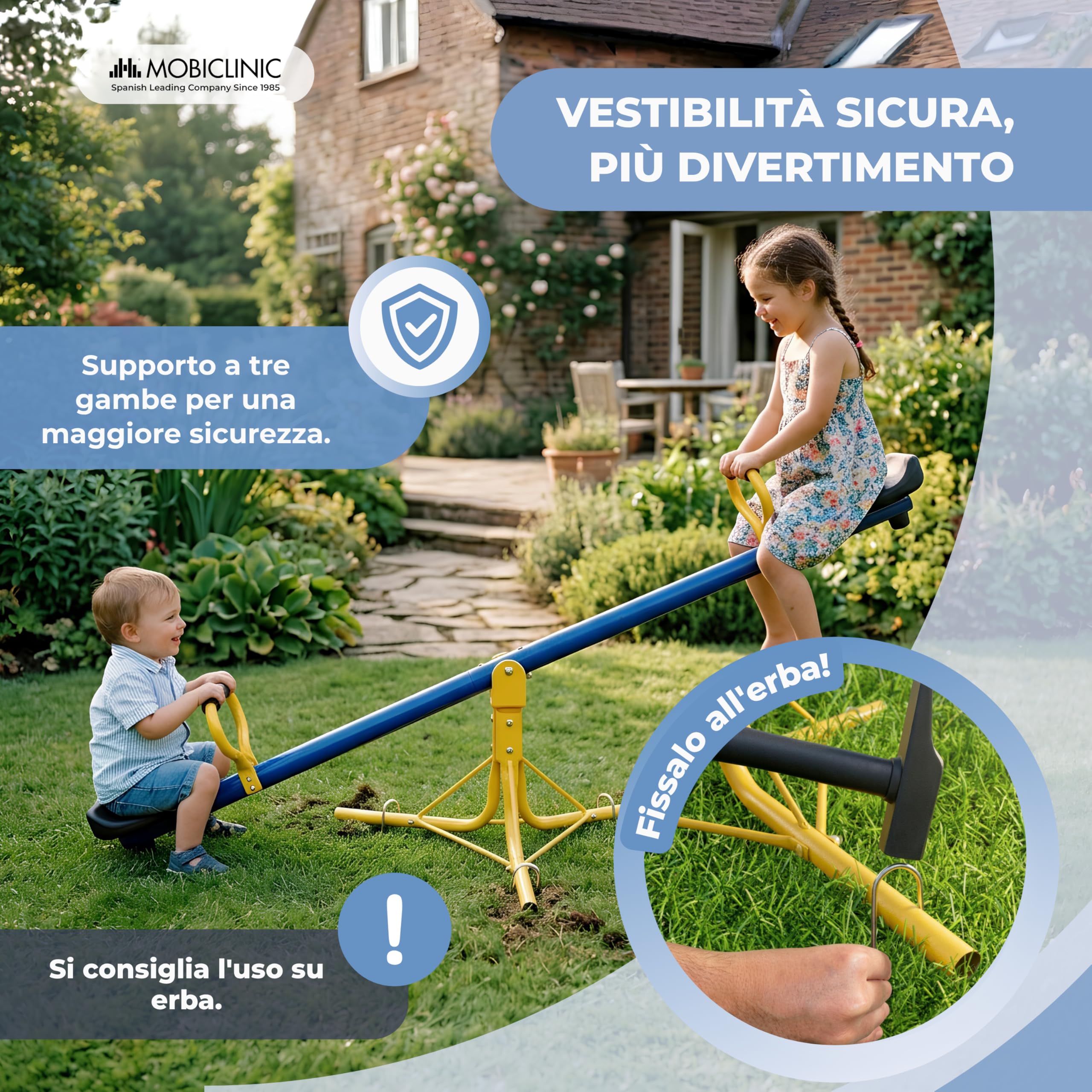 Mobiclinic®, Dondolo Girevole per Bambini 360°, 200x66x35 cm, 2 Posti, Impugnatura in Schiuma, Max. 70 kg, Gancio per Montaggio su Superficie, Sicuro e Stabile, Mobifun