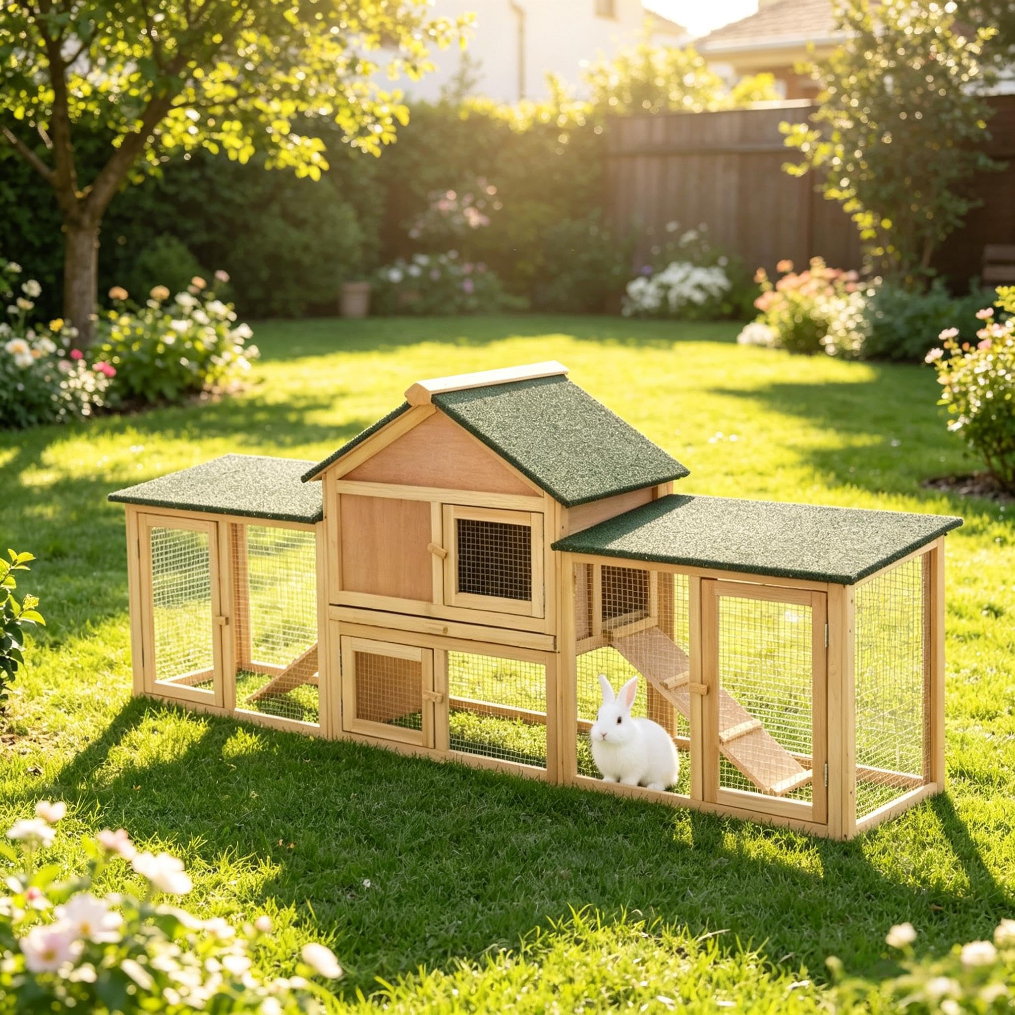 Gran Cabaña De Conejo Al Aire Libre Con Techo De Asfalto, Cajón Deslizante Y 2 Patios De Juego, Jaula Para Mascotas Para Conejos
