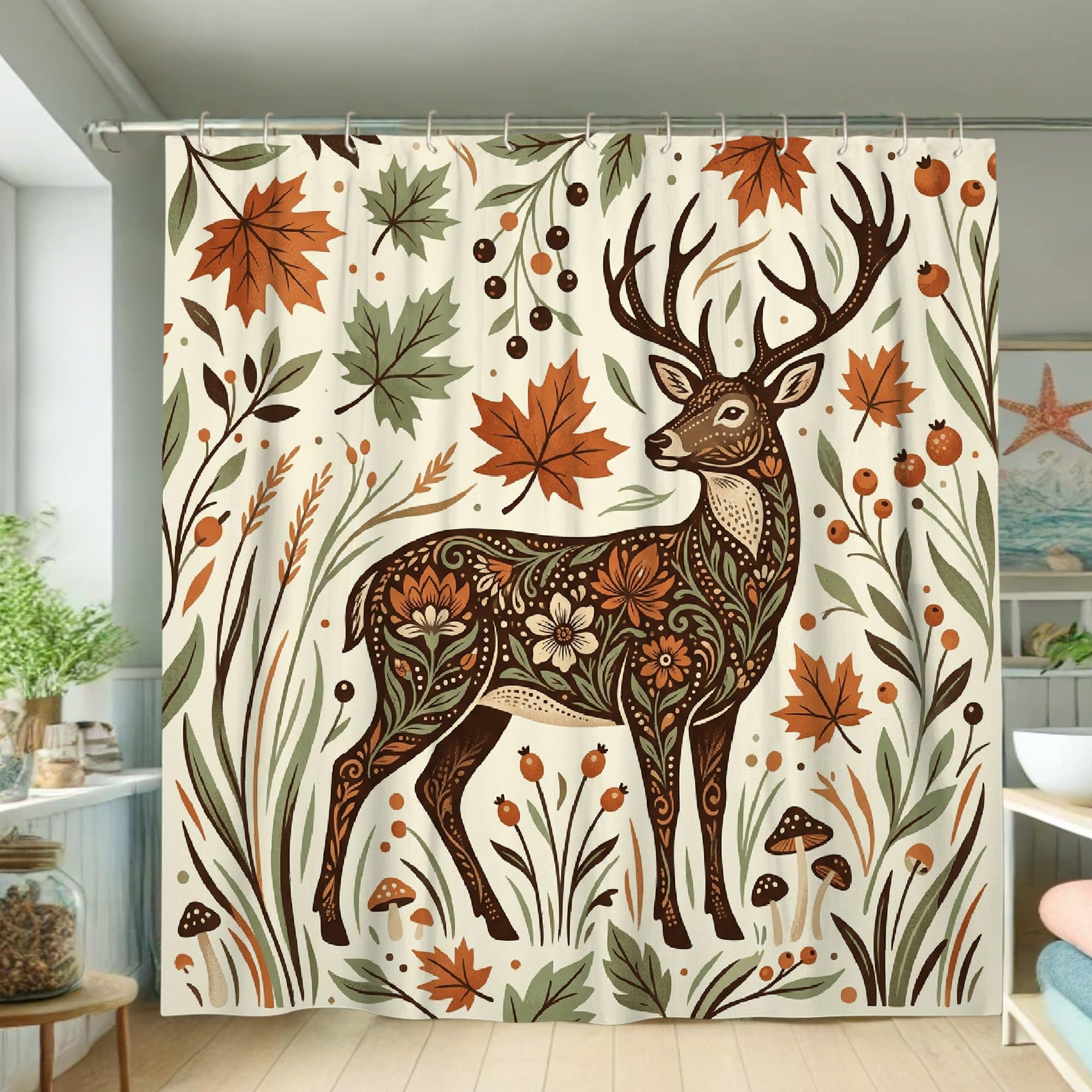Rideau de douche imperméable anti-éclaboussures motif cerf et fleurs pour salle de bain propre
