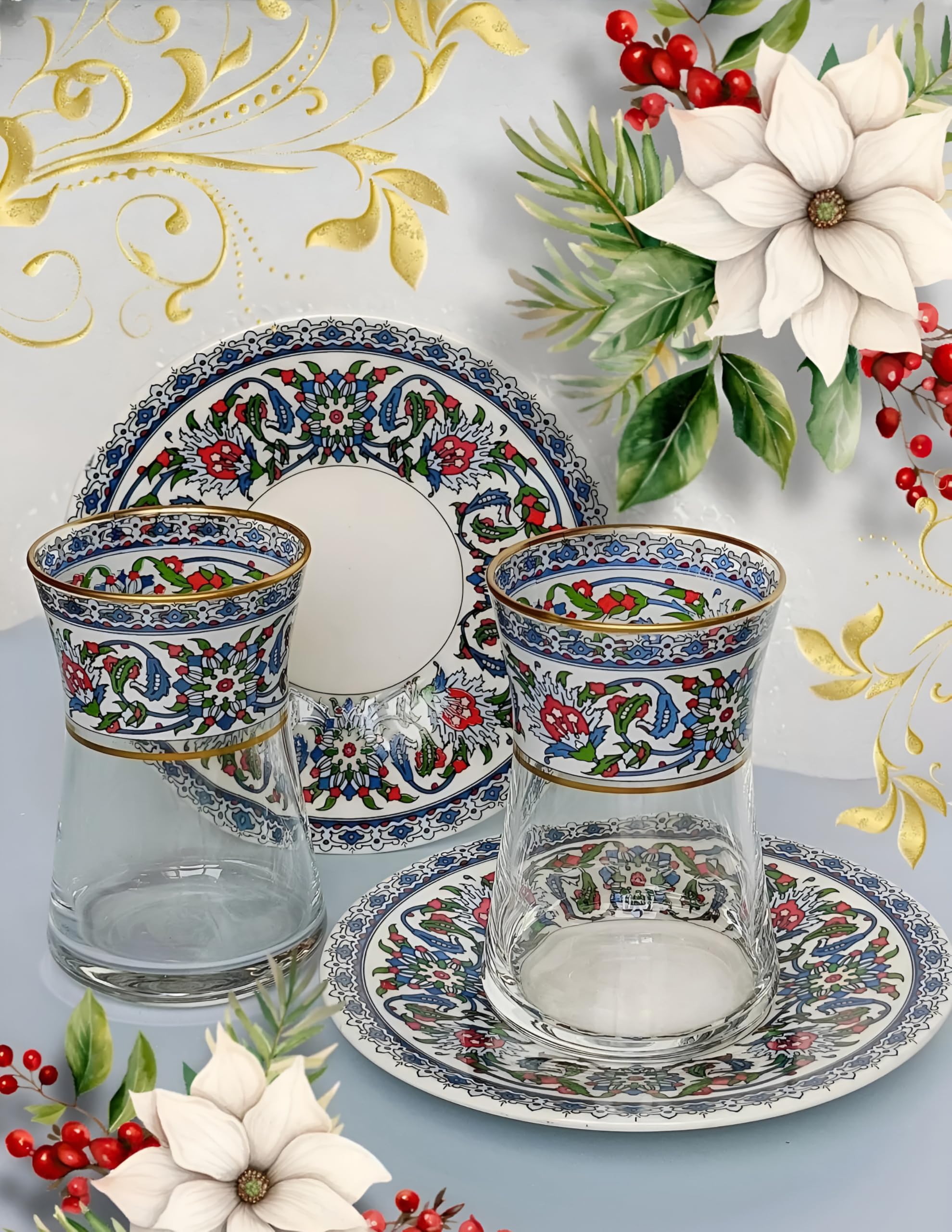 Handgefertigte türkische Teegläser mit Untertassen, altmodische türkische Teetassen, Vintage-Teegläser, 6er-Set, arabisches Trinkgeschirr, Vintage-Stil, persisches und marokkanisches Glas