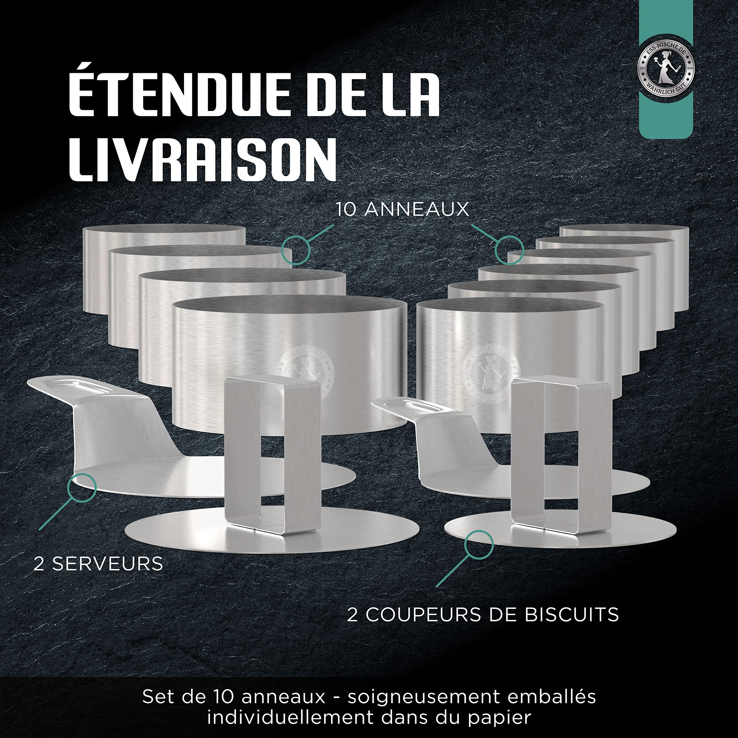 Ess-Nische® 8 cm + 10 cm Anneaux à dessert et à hamburger - accessoire idéal pour le barbecue comme presse à hamburger ou mini moule à gâteau rond - convient également aux petits pains