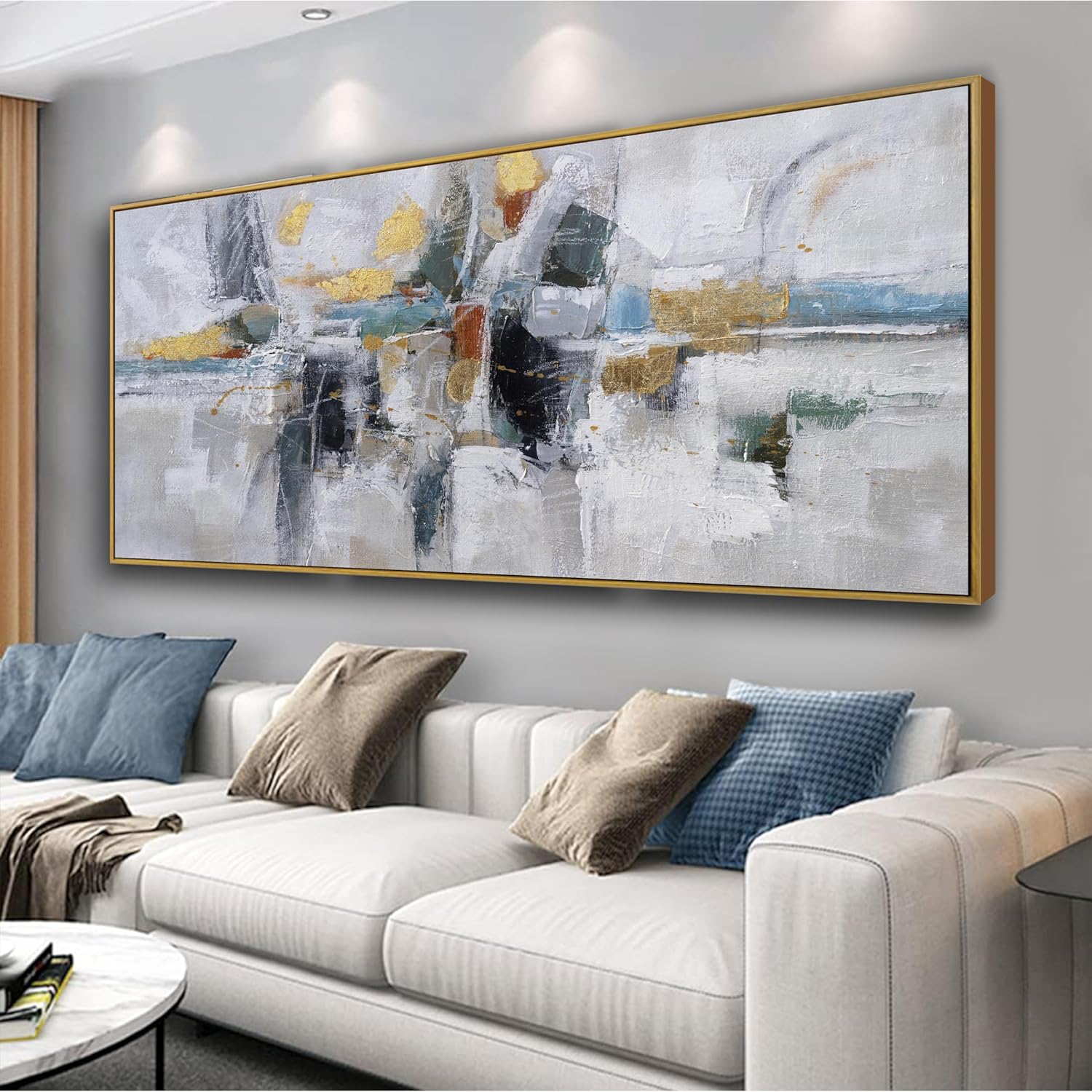 Teal Gold Wall Art Abstract Painting Wall Decor Living Room Modern 24"X 48" Framed Canvas Wall Art Office Decor Black Wall Art Canvas Prints Artwork For Bathroom Kitchen Colorful Wall Decoration