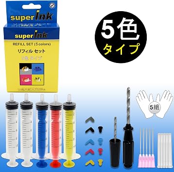 superInk Refill Set 5 Colors Ink Cartridge Refill Accessory Set Canon Epson Brother HP Rico 5 Colors 10ml Infuser + 5 Pairs Gloves + Mini Drill 2mm + Mini Drill 3.6mm + Silicone Plug 4mm 5 Colors, 2 Types, Total 10 Pieces