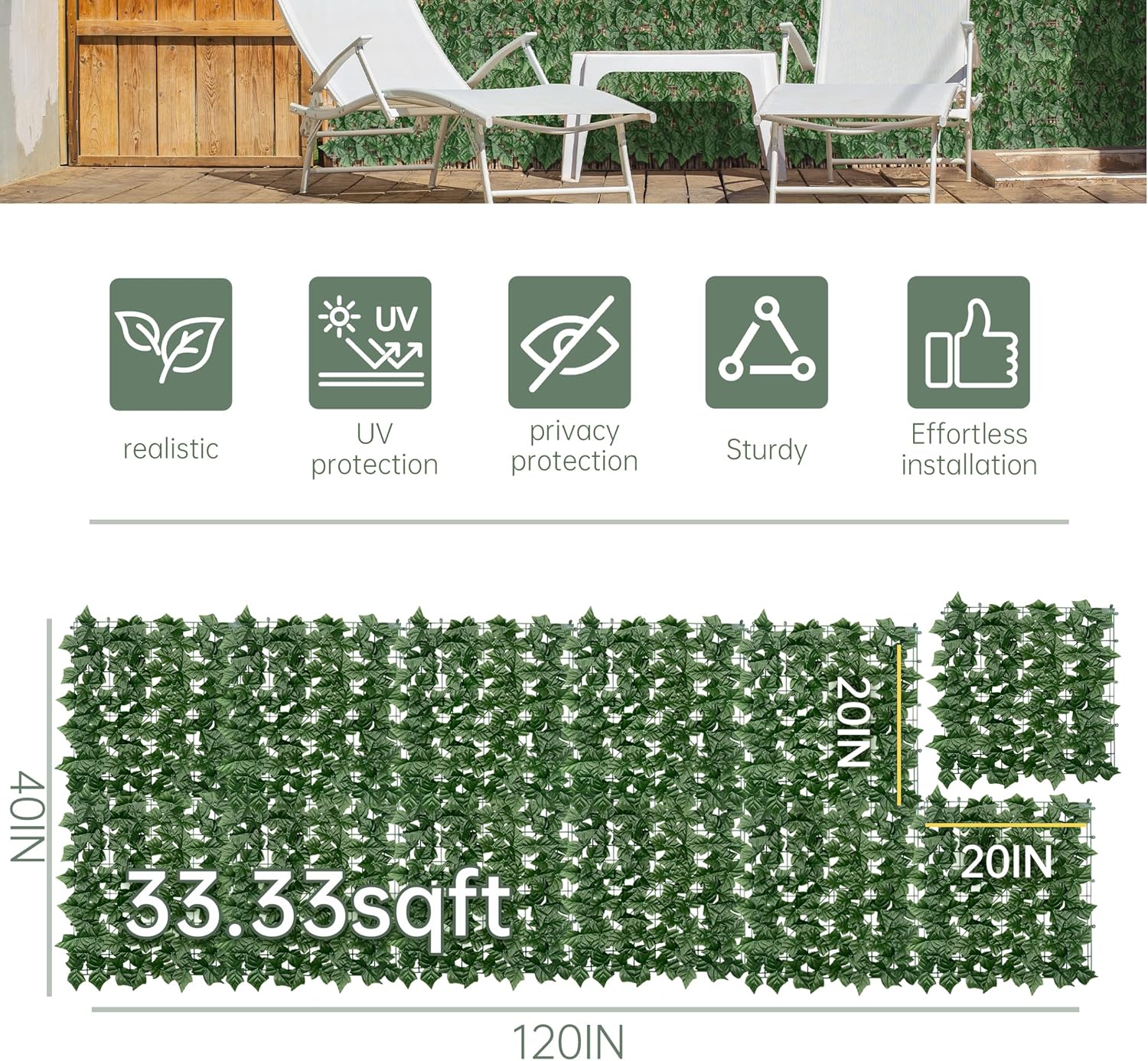 artificial ivy privacy fence screen: 40x120 inch realistic uv-anti faux ivy hedge panel,indoor and outdoor decor for patio, garden, balcony, and fence cover 40"x120"