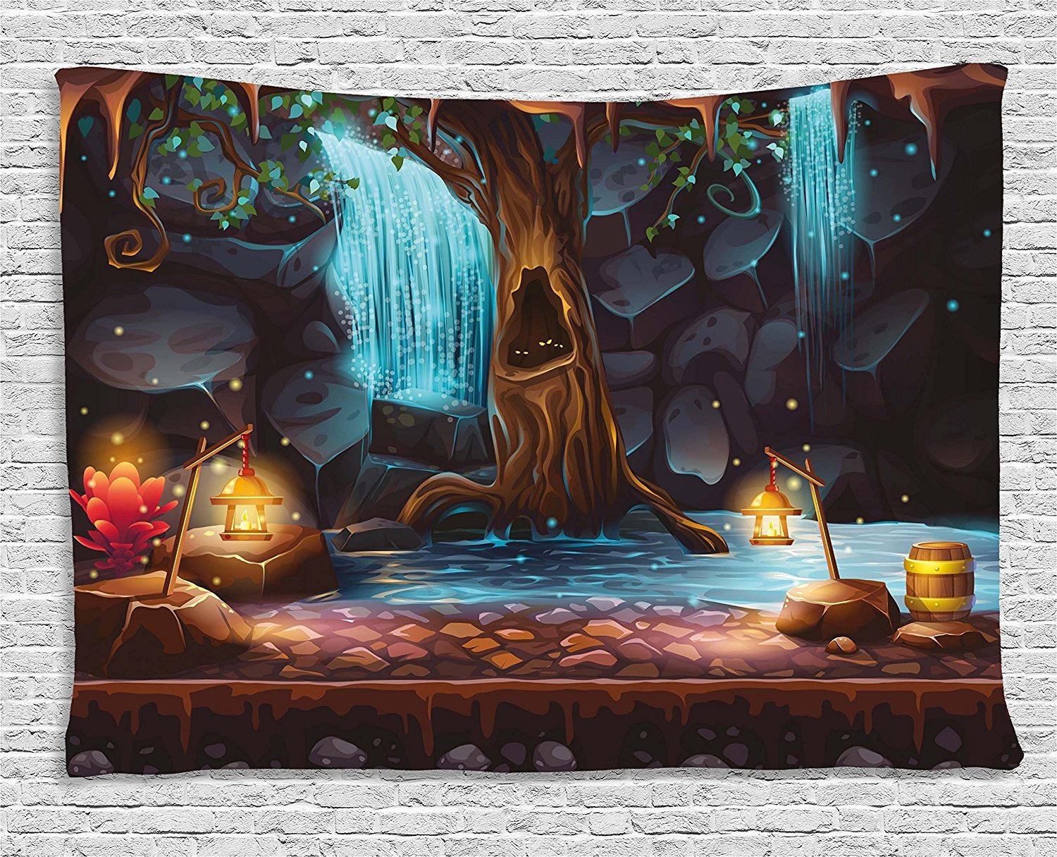 Ambesonne Fantasy Tapestry, Enchanted Forest Cave Waterfall and Magic Tree Cask Colorful Elf Image, Wide Wall Hanging for Bedroom Living Room Dorm, 60