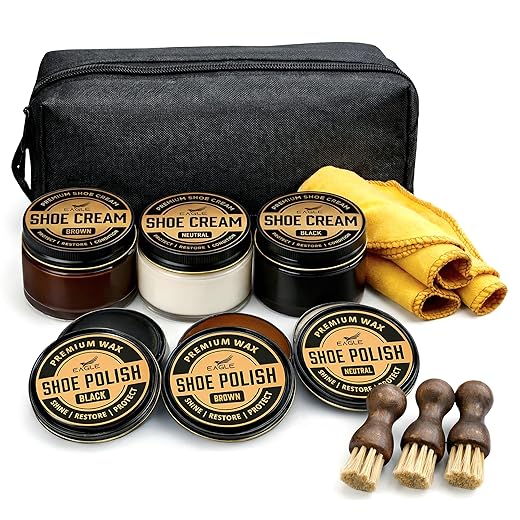 Eagle 13-Piece Shoe Polish Kit – Black, Brown & Neutral Shoe Wax & Boot Cream with Dauber Brushes and Shine Cloths – Leather Shoe Shine & Care Kit