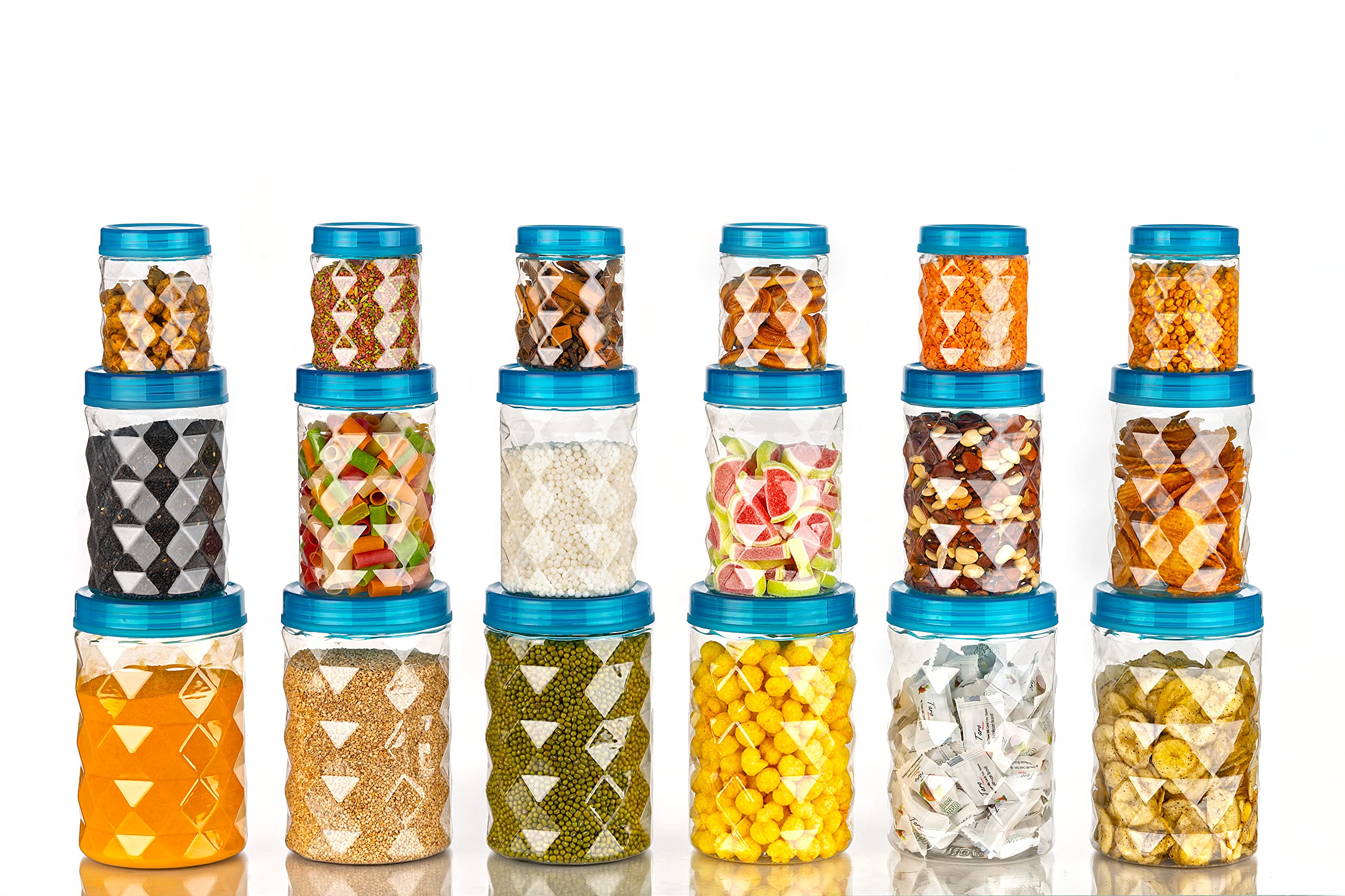 Clazkit Plastic Pet Storage Jar and Container, Set of 18 (6 pcs x 350ml Each, 6 pcs x 650ml Each, 6 pcs x 1.20ltrs Each), Blue | Air Tight | Kitchen Organiser | BPA Free | Stackable (B0BVJ2CP7L) Amazon Price History, Amazon Price Tracker