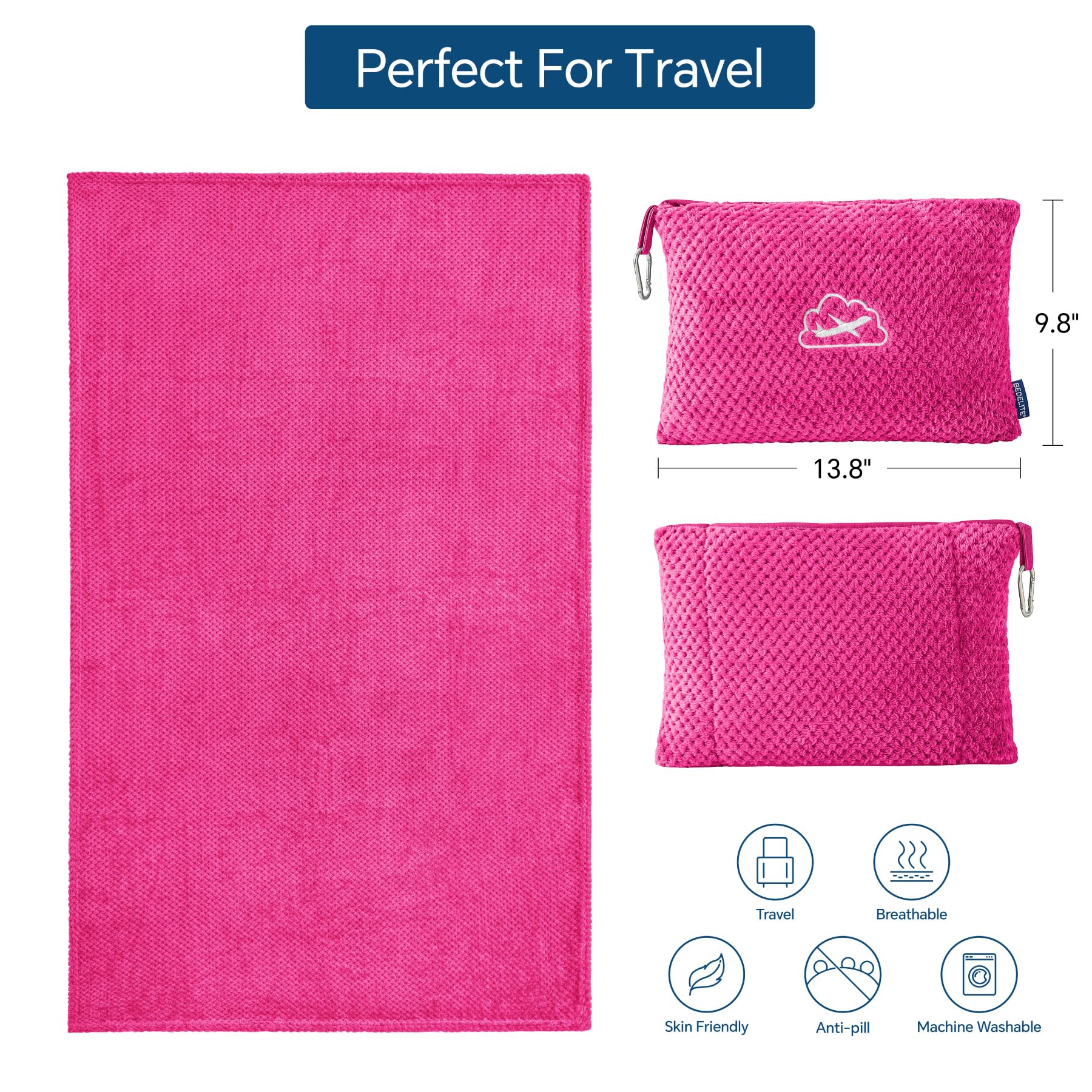 BEDELITE Travel Blanket with Bag, Jacquard Fleece Blanket 65"x40", Hot Pink view 3
