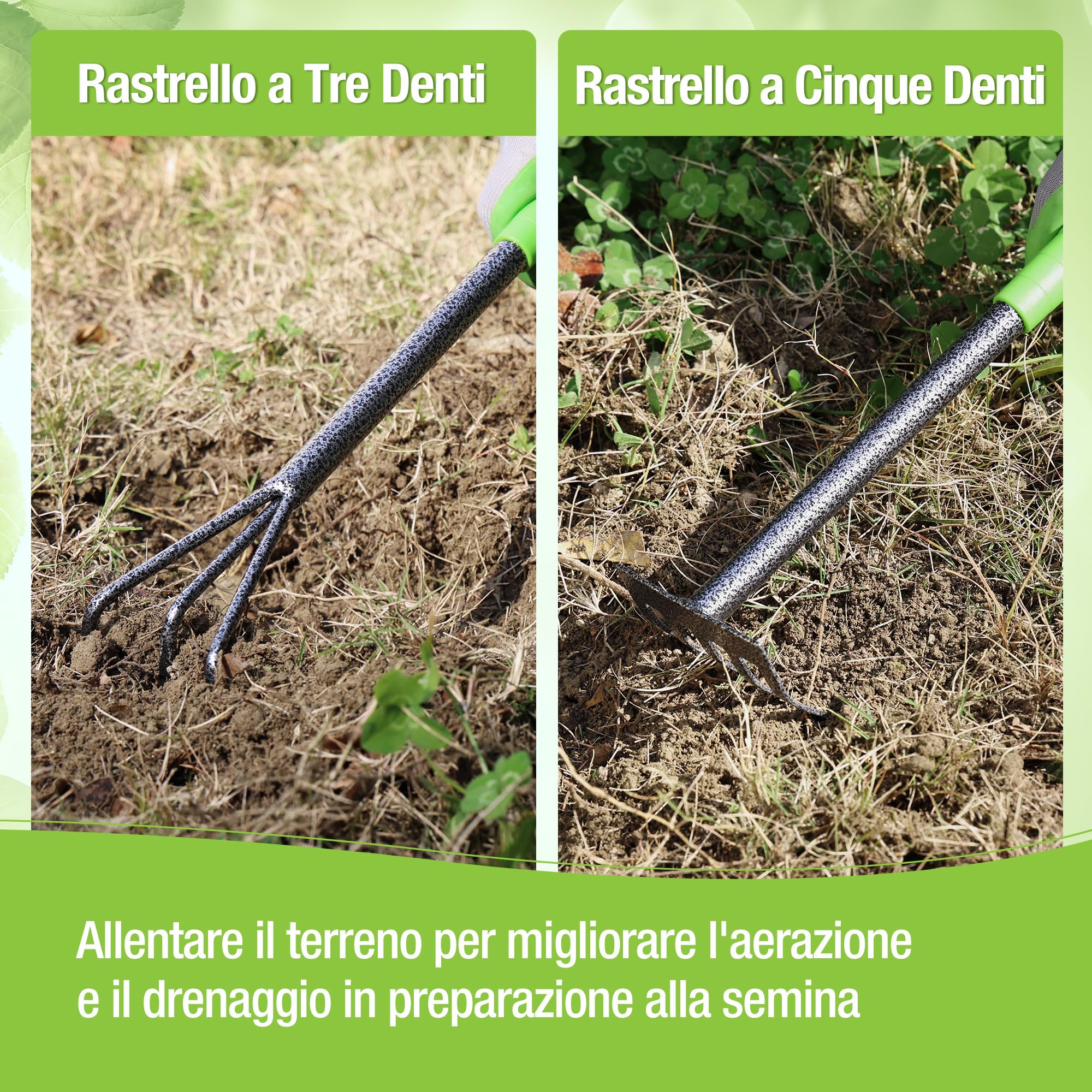 WORKPRO Set di 6 attrezzi da giardino con zappa a doppia estremità, artiglio a tre punte, rastrello a cinque denti, rastrello per foglie a nove denti, pala per terreno e gancio per erba, perfetto per