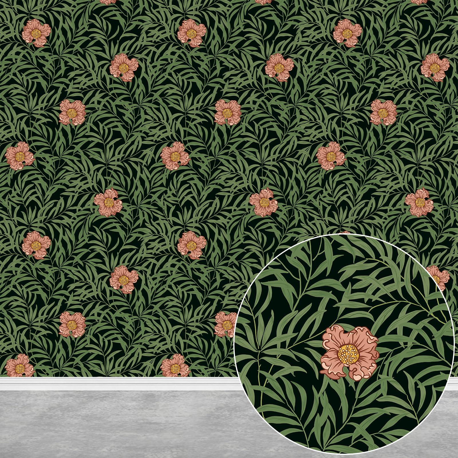 JiffDiff Dark Black Wallpaper Peel and Stick, Leaf Removable Waterproof Self Adhesive Wall Paper 118 x 17.3 in, 14.4ft, Flower Botanical Vintage Contact Paper Peel and Stick for Bedroom Bathroom