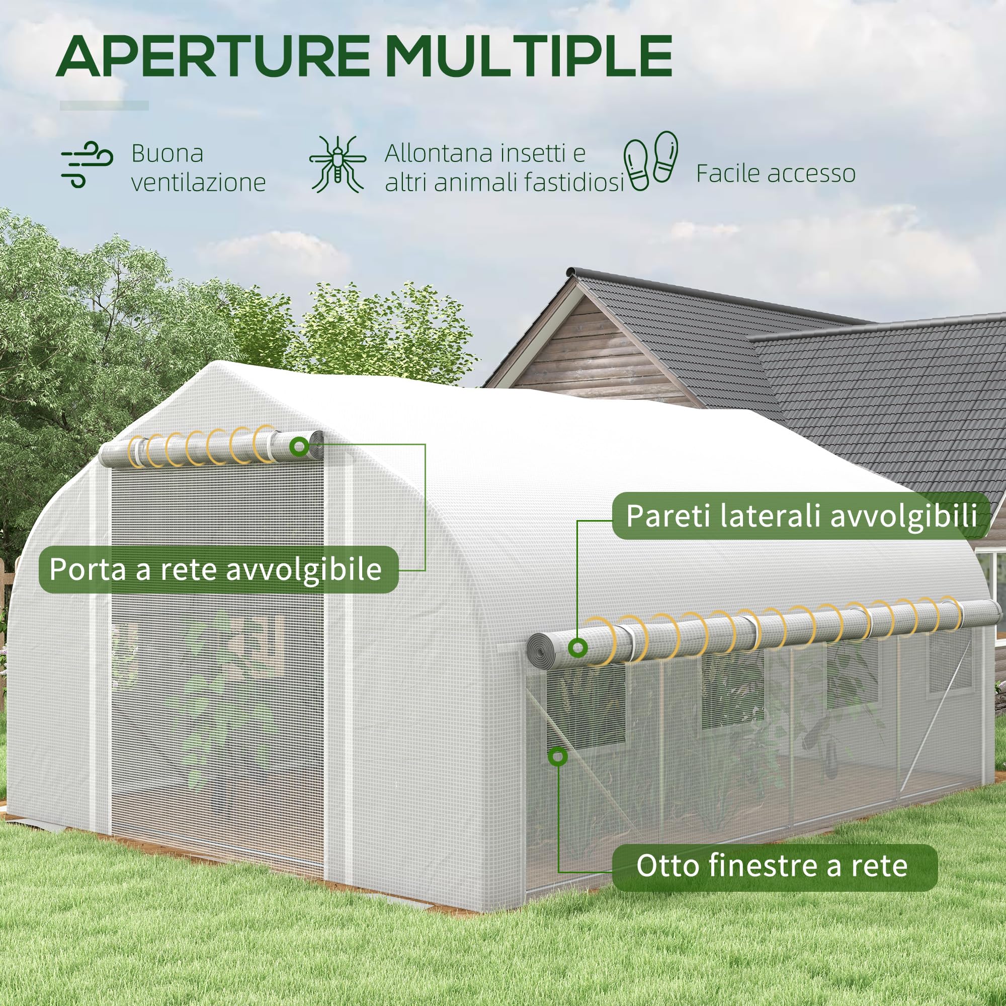 Outsunny Serre Tunnel de Jardin 12m² Serre de Jardin 395x300x200cm Blanc | avec Porte, 8 Fenêtres Moustiquaires, pour Légumes Fruits, Extérieur Toutes Saisons, Bâche PE Haute Densité 140g/m²