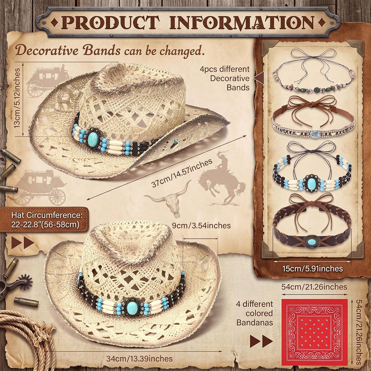 Mepase Straw Cowboy Cowgirl Hats for Women Men Western Beach Hat with 4 Replaceable Bands 4 Bandanas 1 Sunglasses, Wide Brim