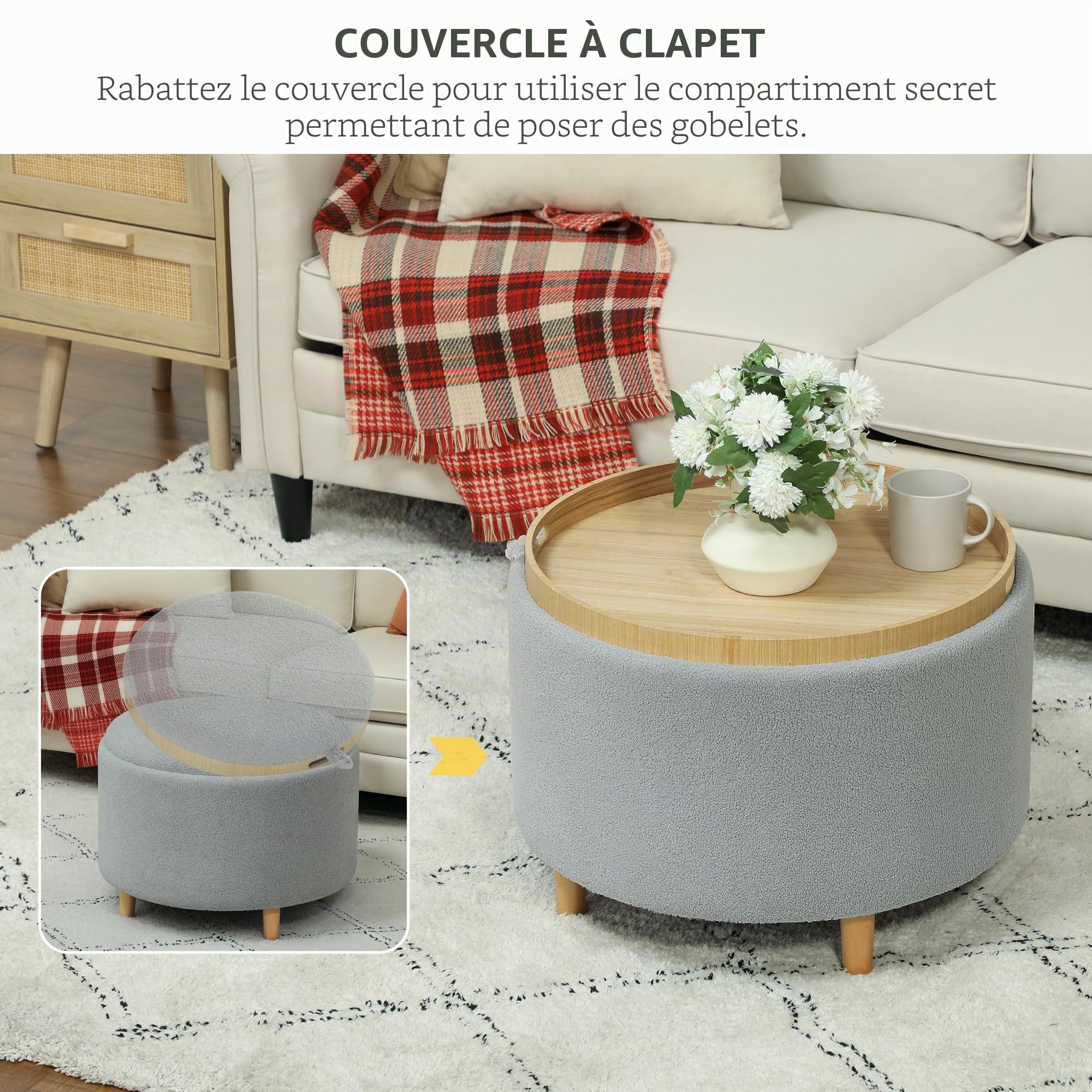 HOMCOM Pouf de Rangement avec Couvercle Rabattable 56x56x42cm Gris