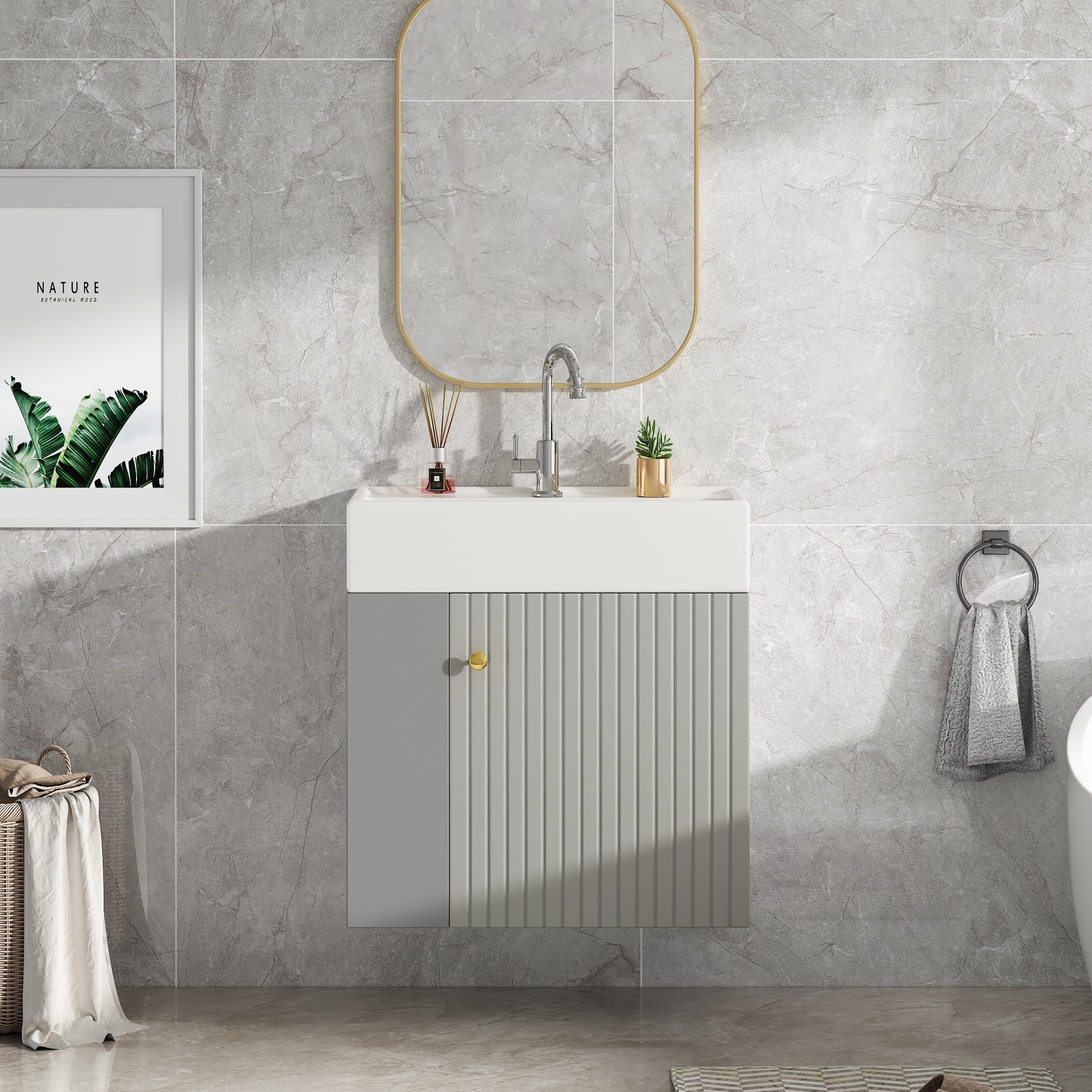 Merax Mobile bagno sospeso 50 cm con lavandino in resina – salvaspazio e compatto per bagno, lavanderia o toilette ospiti │ Design moderno a righe verticali (bianco e grigio)