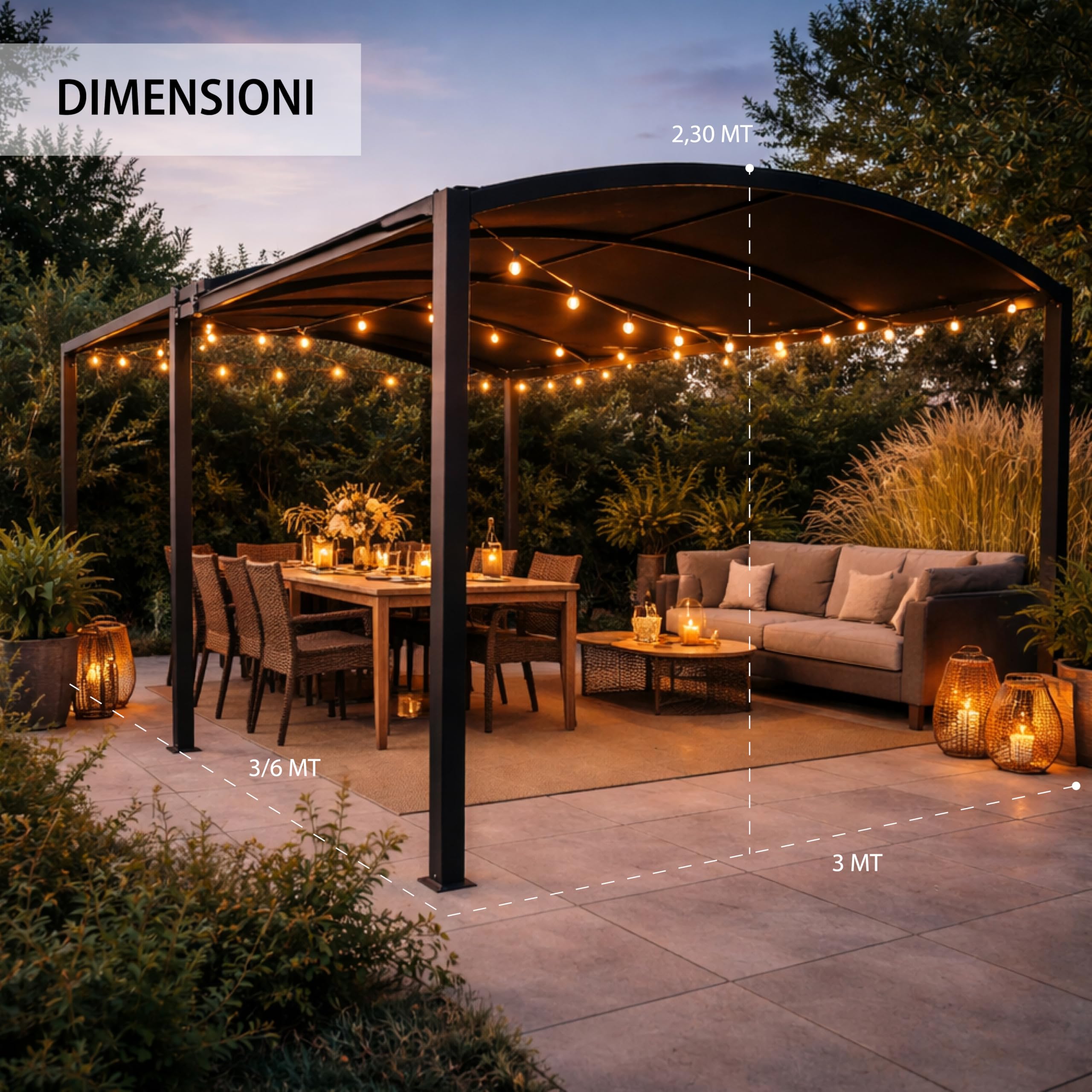 Gazebo Allungabile 3x3/6MT - Struttura in Acciaio, Telo in Poliestere, con Ruote, da Giardino, Terrazzo, Pergola, Patio, Protezione UV - Grigio Scuro