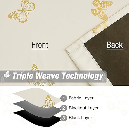 Miniatura 5 de Jubilantex Cortinas opacas de mariposa de 95 pulgadas de largo para dormitorio de niños, cortinas florales y mariposas con estampado beige y dorado,