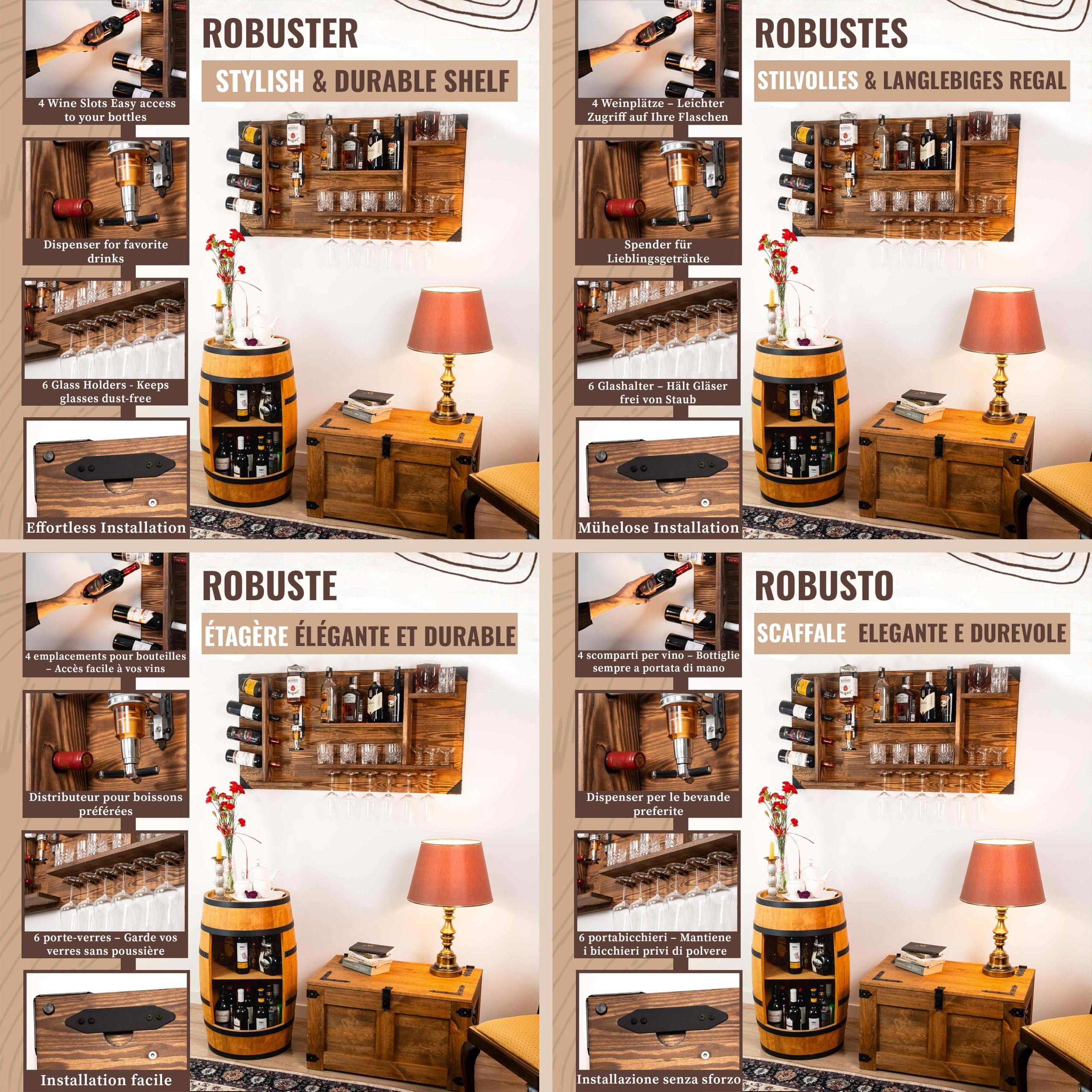 CREATIVE COOPER Holzregal mit Getränkespender | Wandmontierte Alkoholspender-Station | 120x60x14 cm | Vintage & Rustikal | Whisky, Gin, Schnaps | Barkeeper Geschenk | Wandbar für Wohnbereich