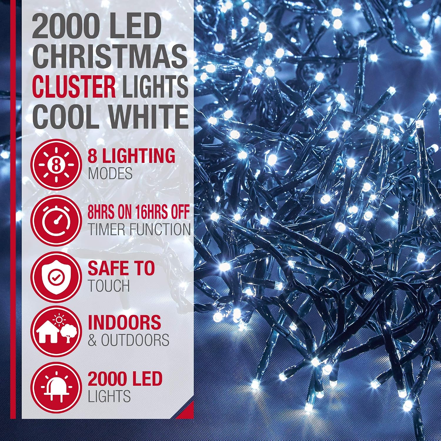 NETTA Christmas Tree Lights Cluster Lights 2000 LED, 8 Hours On Timer, 8 Light Modes, Plug in - Image 3
