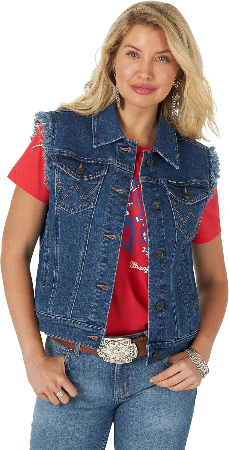 Wrangler Women's Frayed Armhole Washed Denim Vest Blue XXLarge, Denim