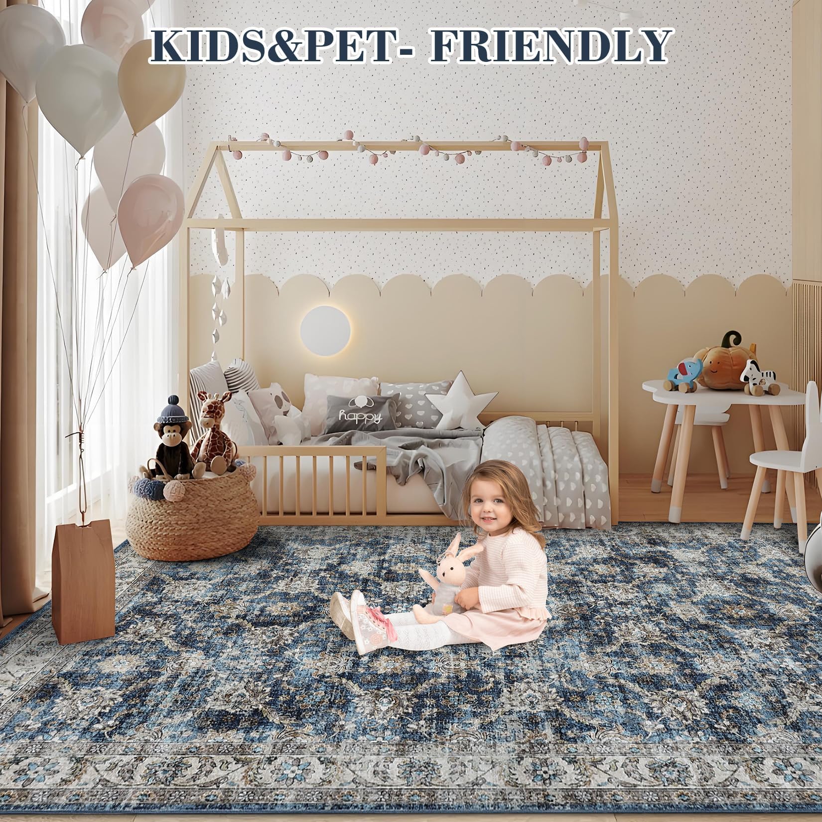 Tapis Salon Vintage Persan Lavable, Polyester Doux Ras (350 g/M²), Antidérapant TPR, Pliable, Chambre/Couloir/Cuisine