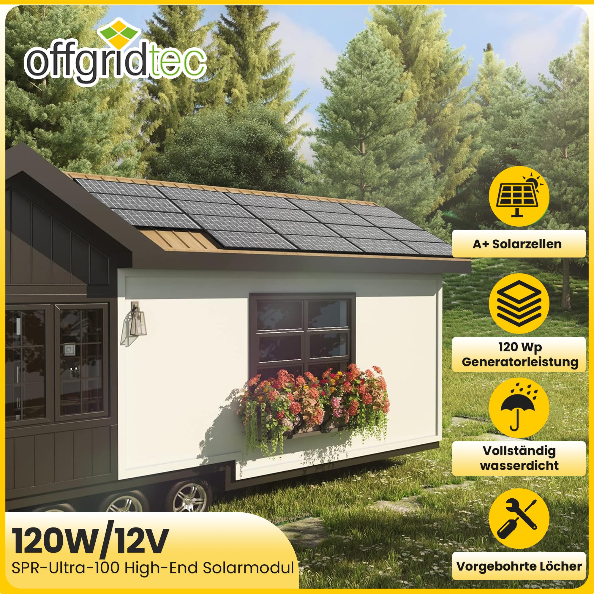 Offgridtec© SPR-Ultra 120W 12V wysokowydajny moduł słoneczny (styk tylny, czarna ramka)