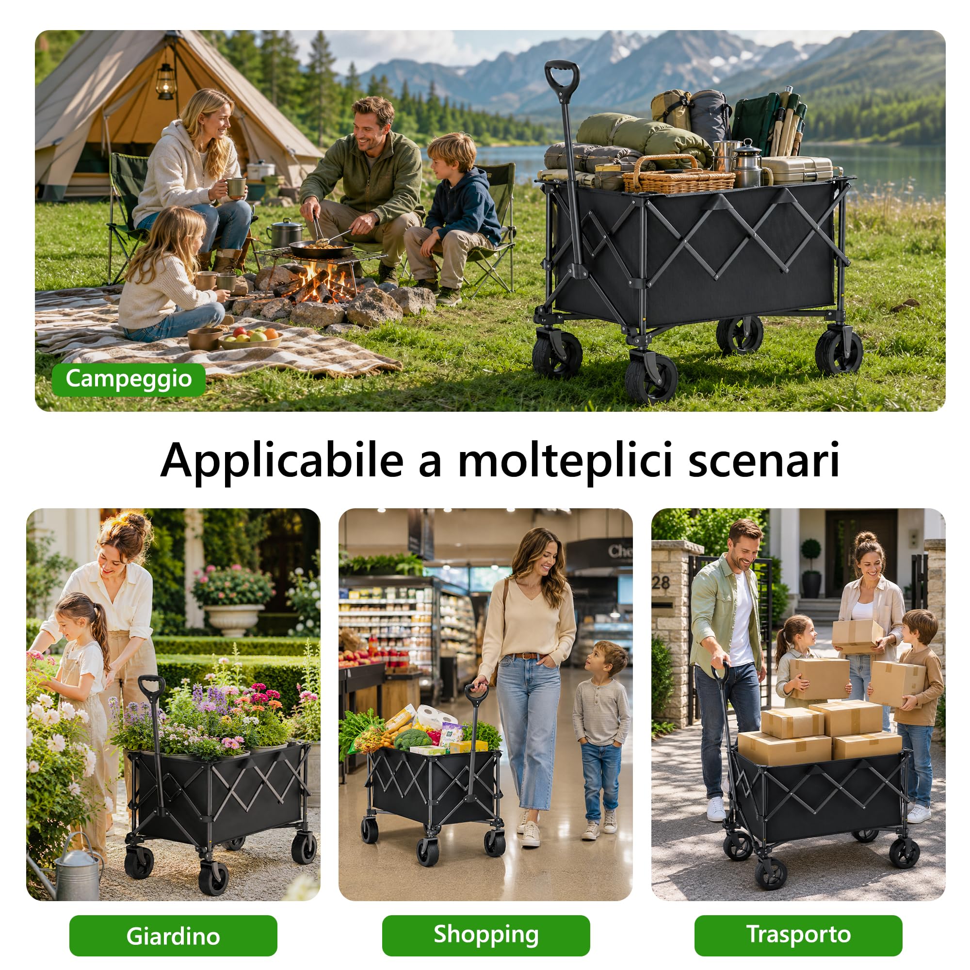 Carrello da Campeggio Pieghevole 135 L, Capacità di Carico 150 kg, Carrello Fuoristrada con Ruote Girevoli 360° e Maniglia Telescopica, per Giardino, Spesa, Outdoor