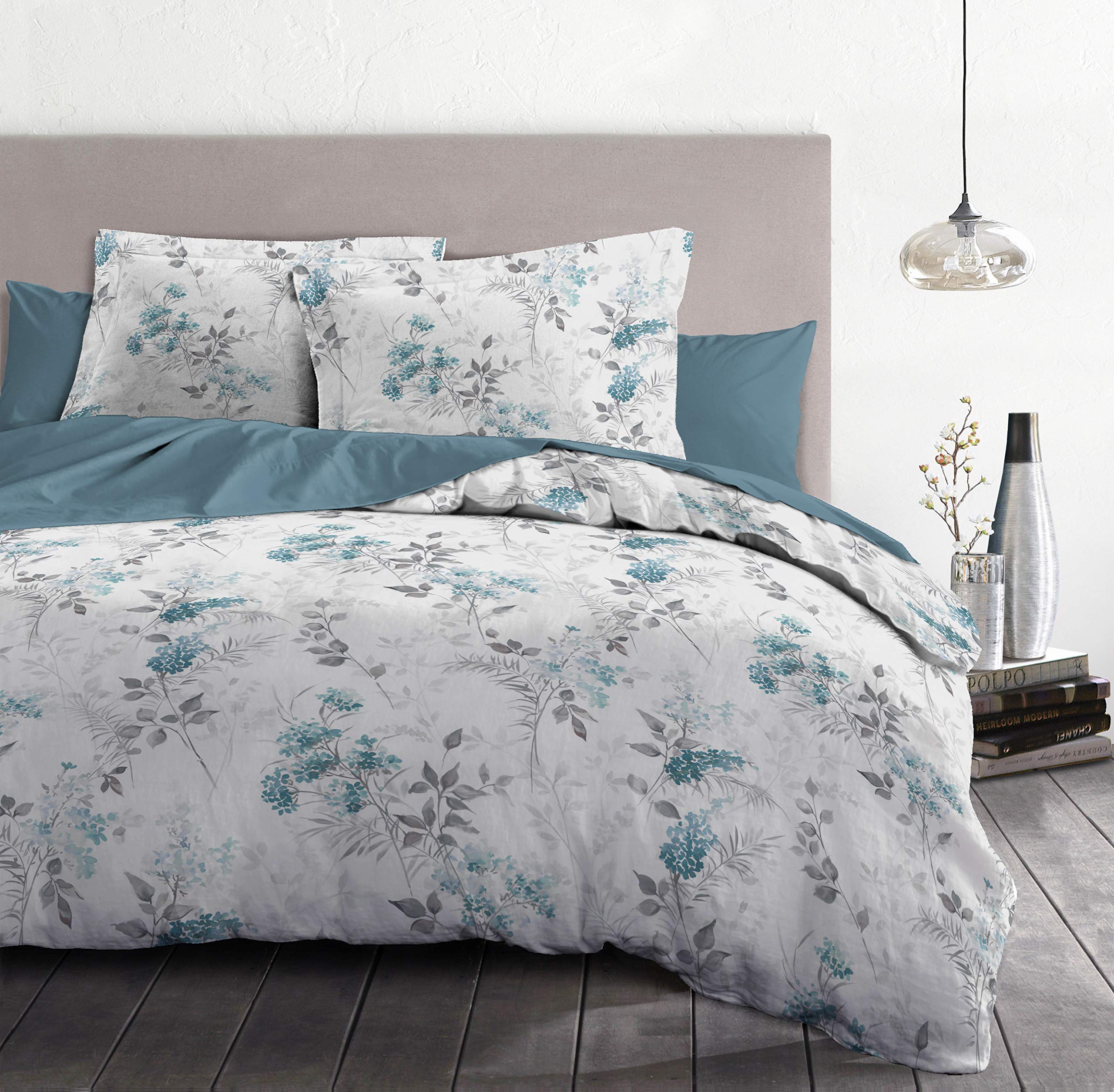 Home Linge Passion, Funda nórdica – 3 Piezas, 100% algodón, 57 Hilos, 2 Personas – 240 x 260 cm, Pompadour Blanco Arcilla y Azul HP62671