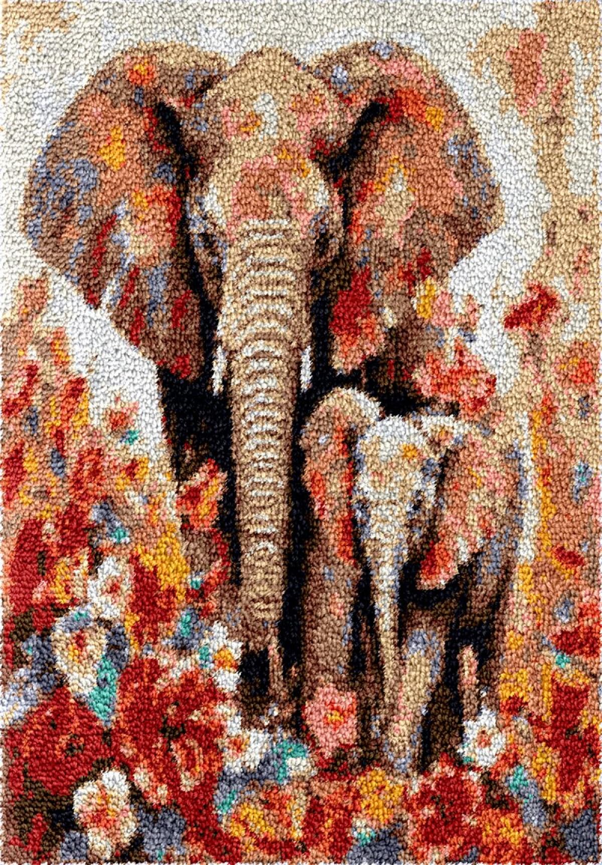N.LANSHAN Kit Tappeto Fai Da Te Kit Tappeto Elefanti E Fiori Uncinetto Pittura A Olio Animale Kit Tappeto Uncinetto Per Principianti Fai Da Te Ricamo Uncinetto Kit Tappeto Arredamento Casa 90x120cm