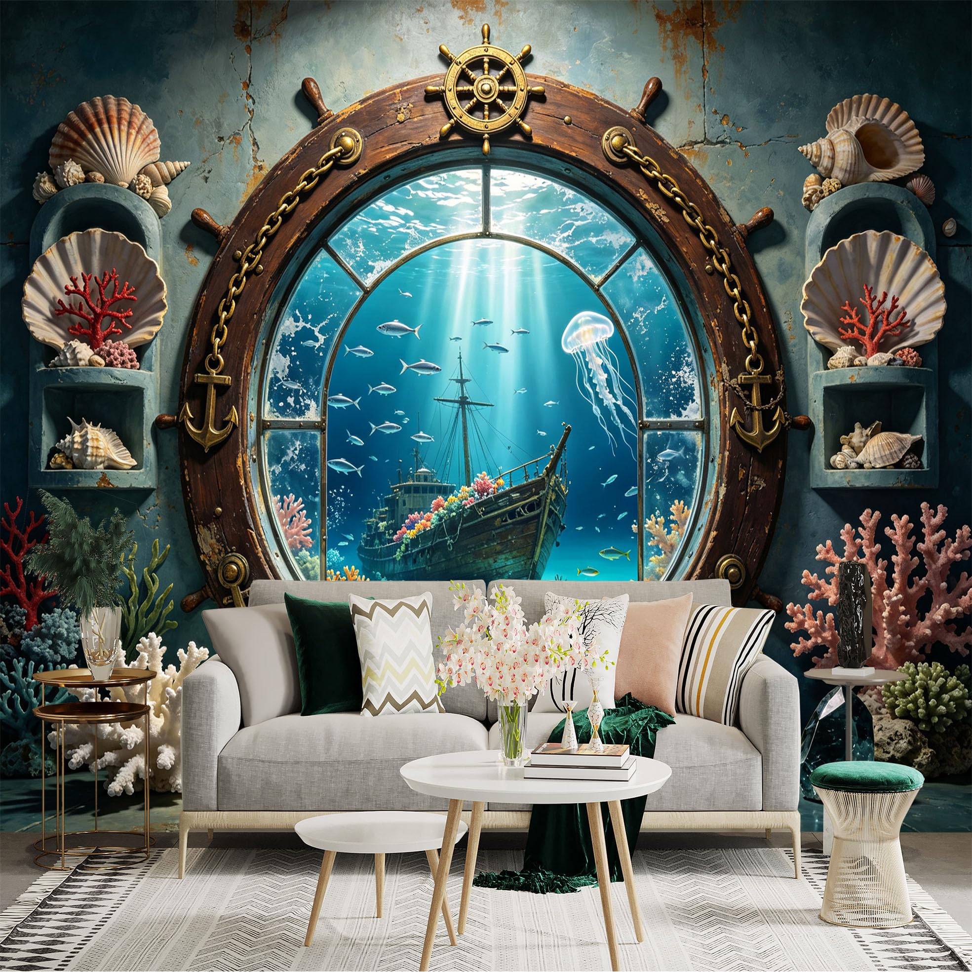 Custom Size Wall Sticker Mural， Underwater Shipwreck Ocean View Coral Reef Nautical Window， for wall Decoration， peelandstick wall Decals.