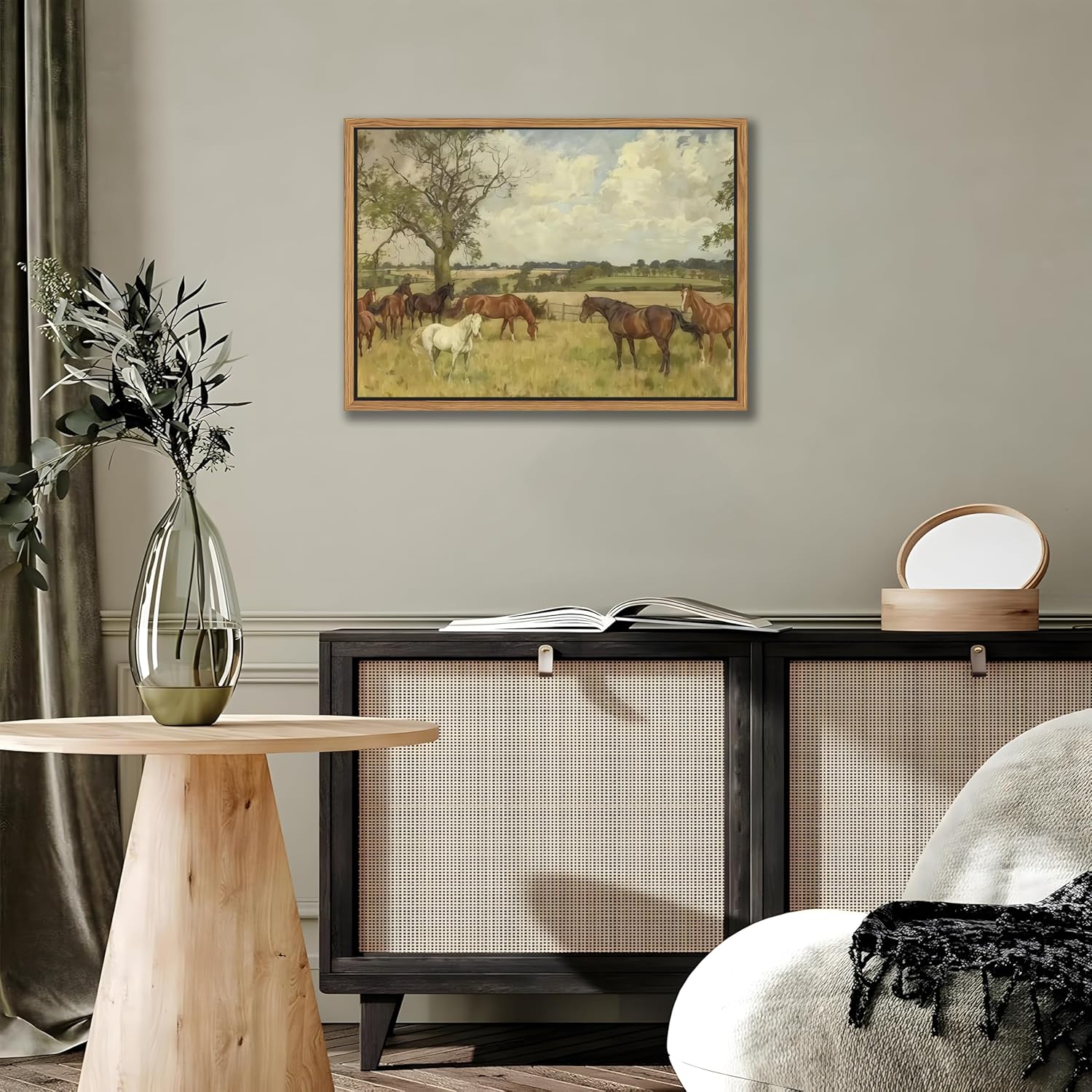 SAMHOU Floating Framed Canvas Wall Art, Vintage Nature landscape Picture Wall Decor, Majestic Brown Horse in The Countryside Poster Prints for Living Room Bathroom Bedroom Rustic Decor 12x16 inch