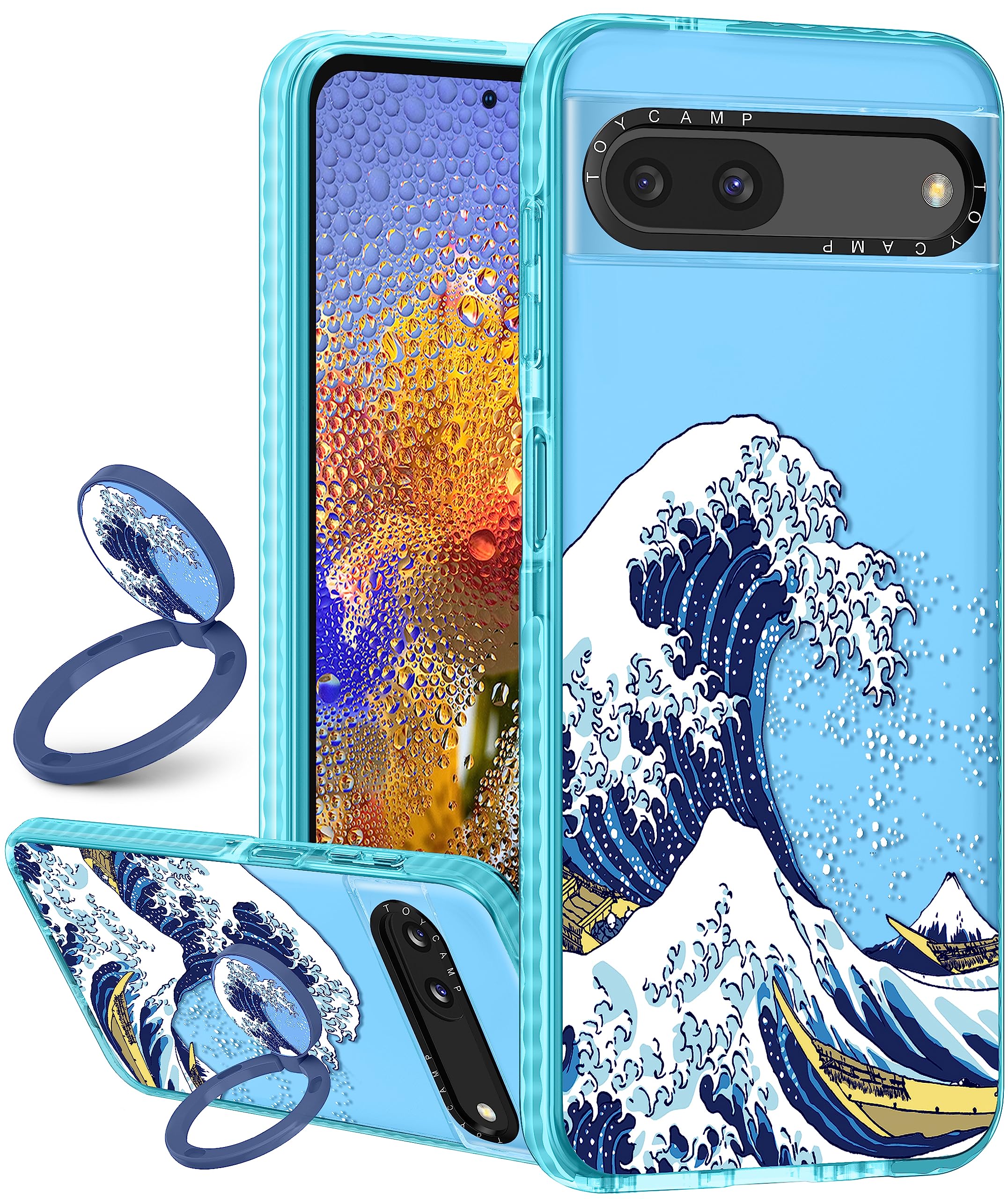 Toycampfor Pixel 6A Case with Ring Holder Cute Sea Waves Art Design Cover for Men Women Teens Girls Boys Tokyo Wave Fun Funny Print Shockproof Protective Phone Cases for Google Pixel 6A 6.1" Blue