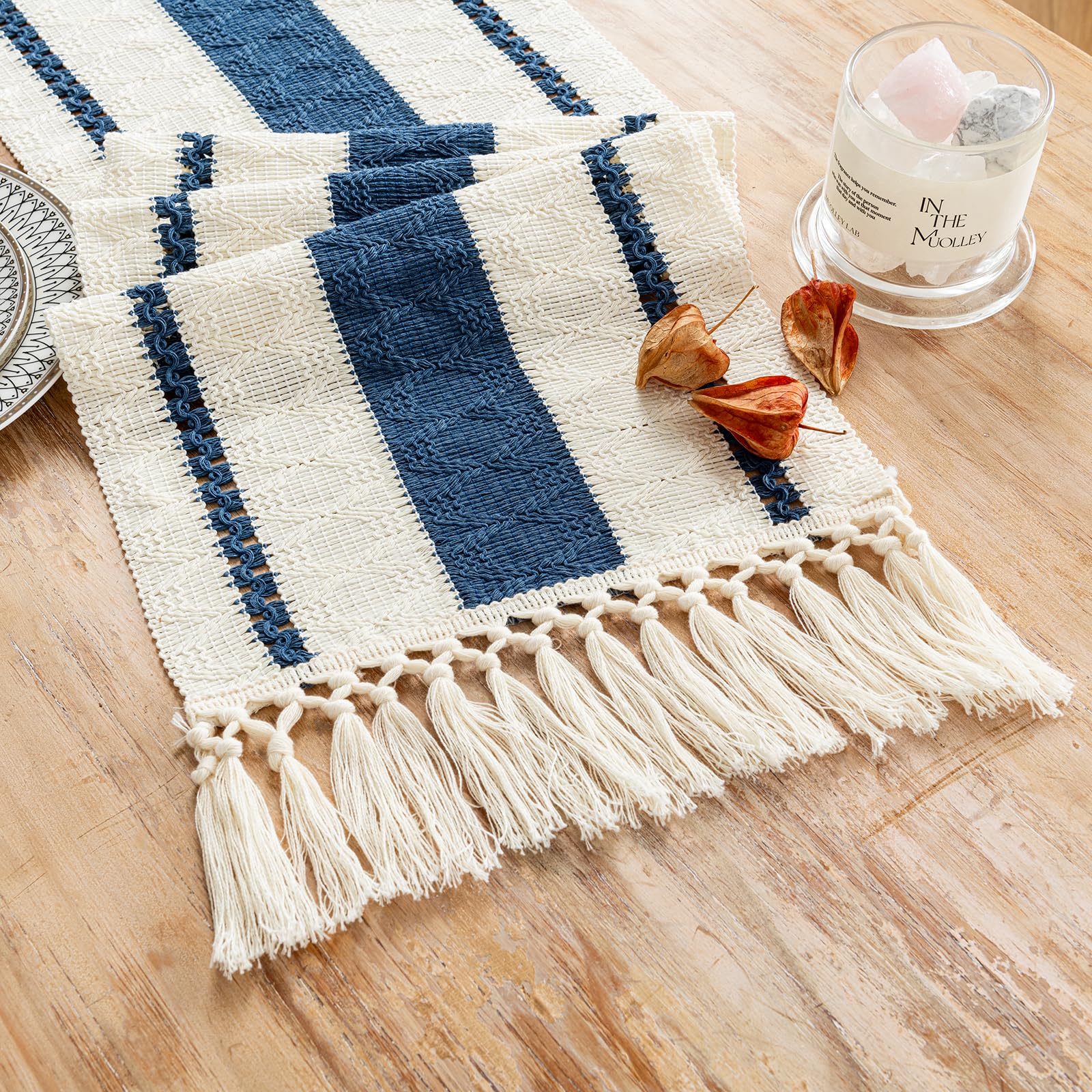 Fancy Homi Dusty Blue Table Runner 72 Inches Long Boho Macrame Table Runner for Home Decor, Farmhouse Table Runners with Tassels for Party Bohemian