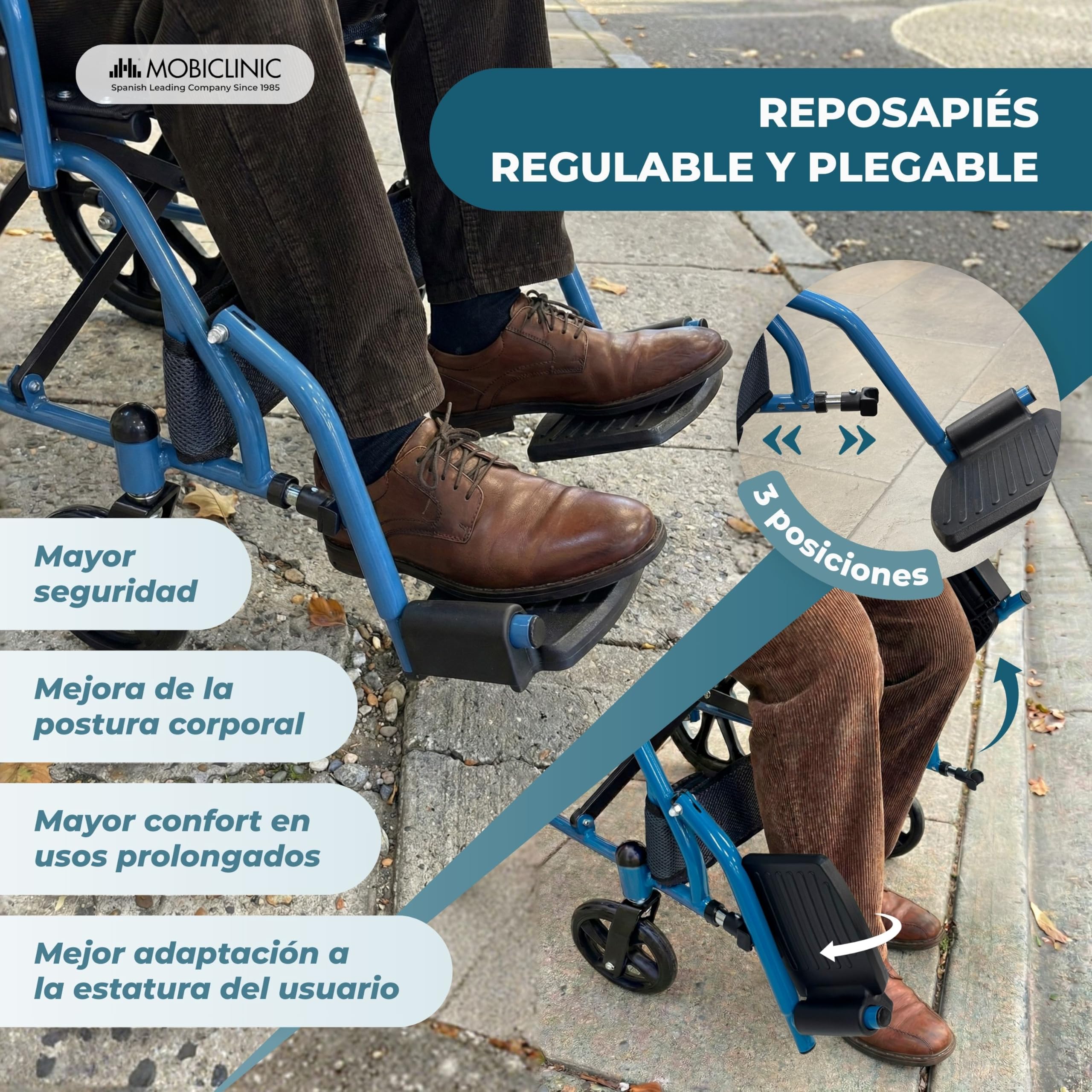Mobiclinic®, Silla de Ruedas Plegable, de Tránsito, Respaldo Abatible, Reposapiés Abatibles, Doble Sistema de Frenado, Acero Reforzado, Hasta 100 kg, Ligera y Compacta, Faraón
