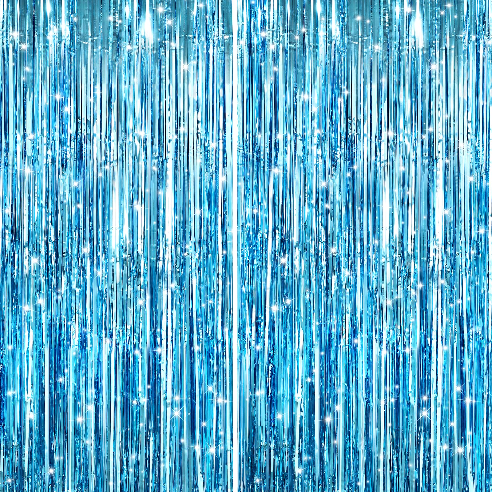 GCB 2Pack Blue Metallic Tinsel Foil Fringe Curtains, Blue Door Streamers Photo Booth Backdrop for Birthday Party, Tinsel Curtain Backdrop for Baby