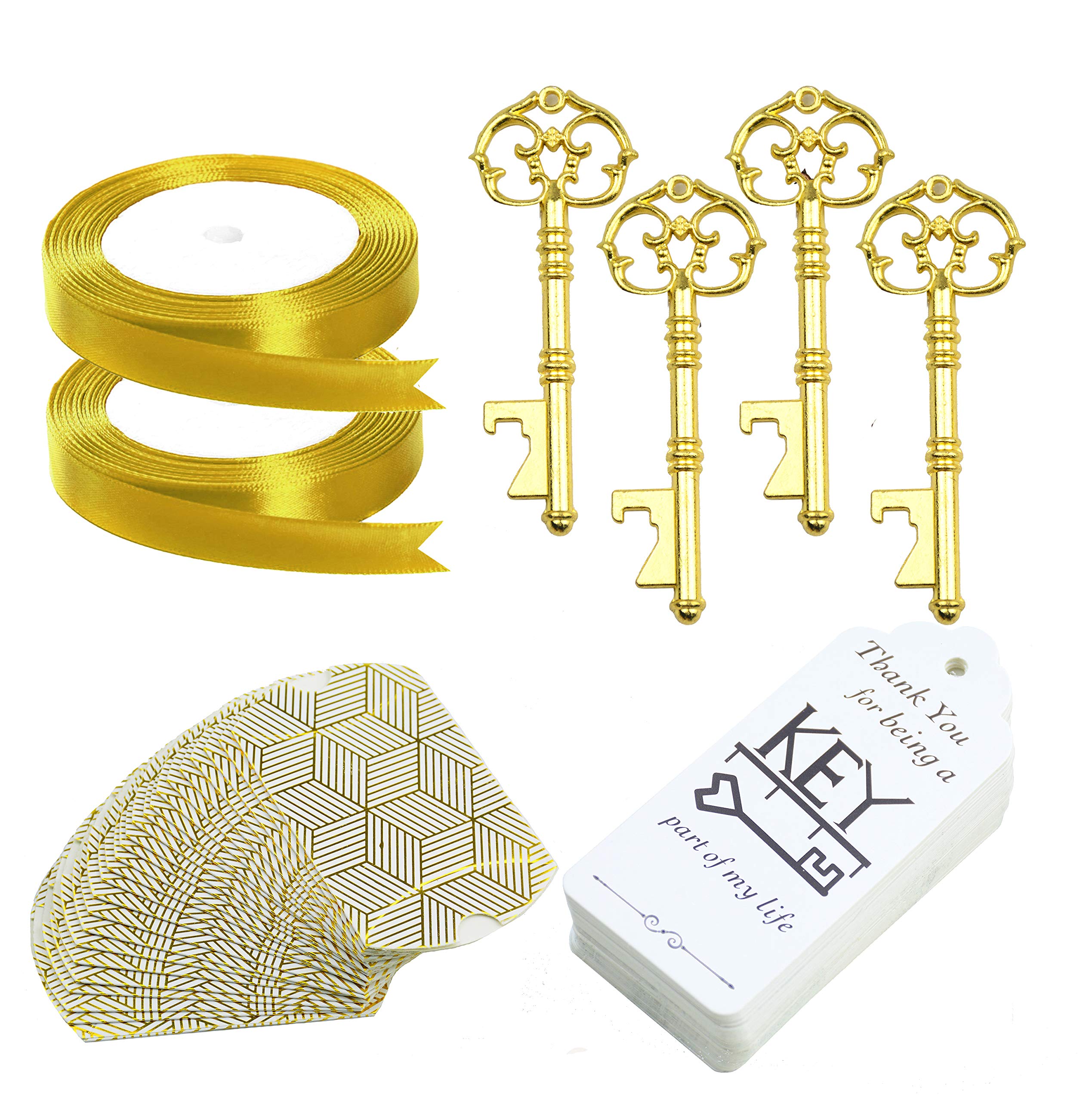 Makhry 50pcs Bomboniera Souvenir Regalo Set Cuscino Contenitore di Caramelle Vintage Scheletro Chiave Apribottiglie (Oro B)