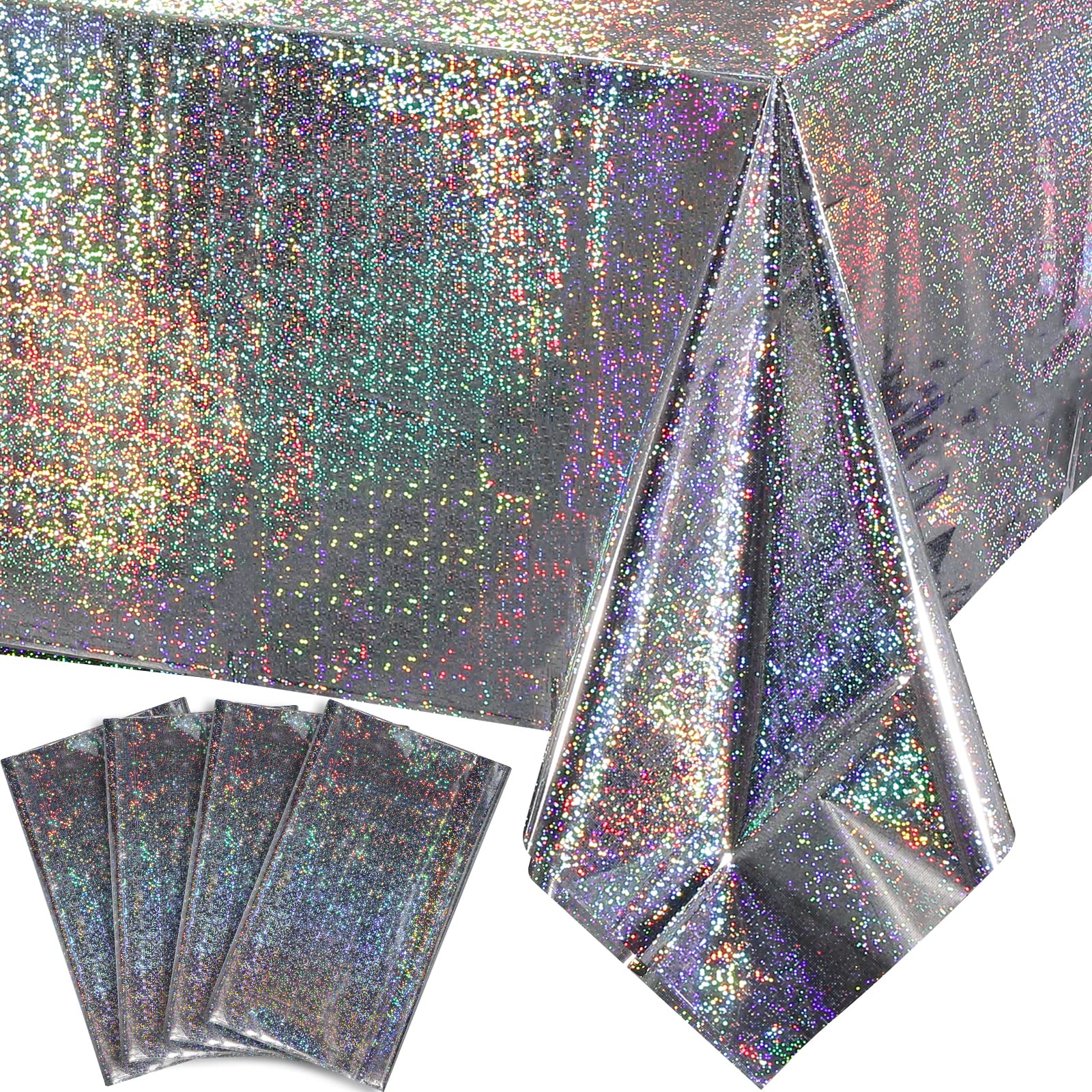 FunnyPars 4 Pack Iridescent Plastic Tablecloths Shiny Disposable Laser Rectangle Table Covers Holographic Foil Tablecloth Iridescent Party Decoration