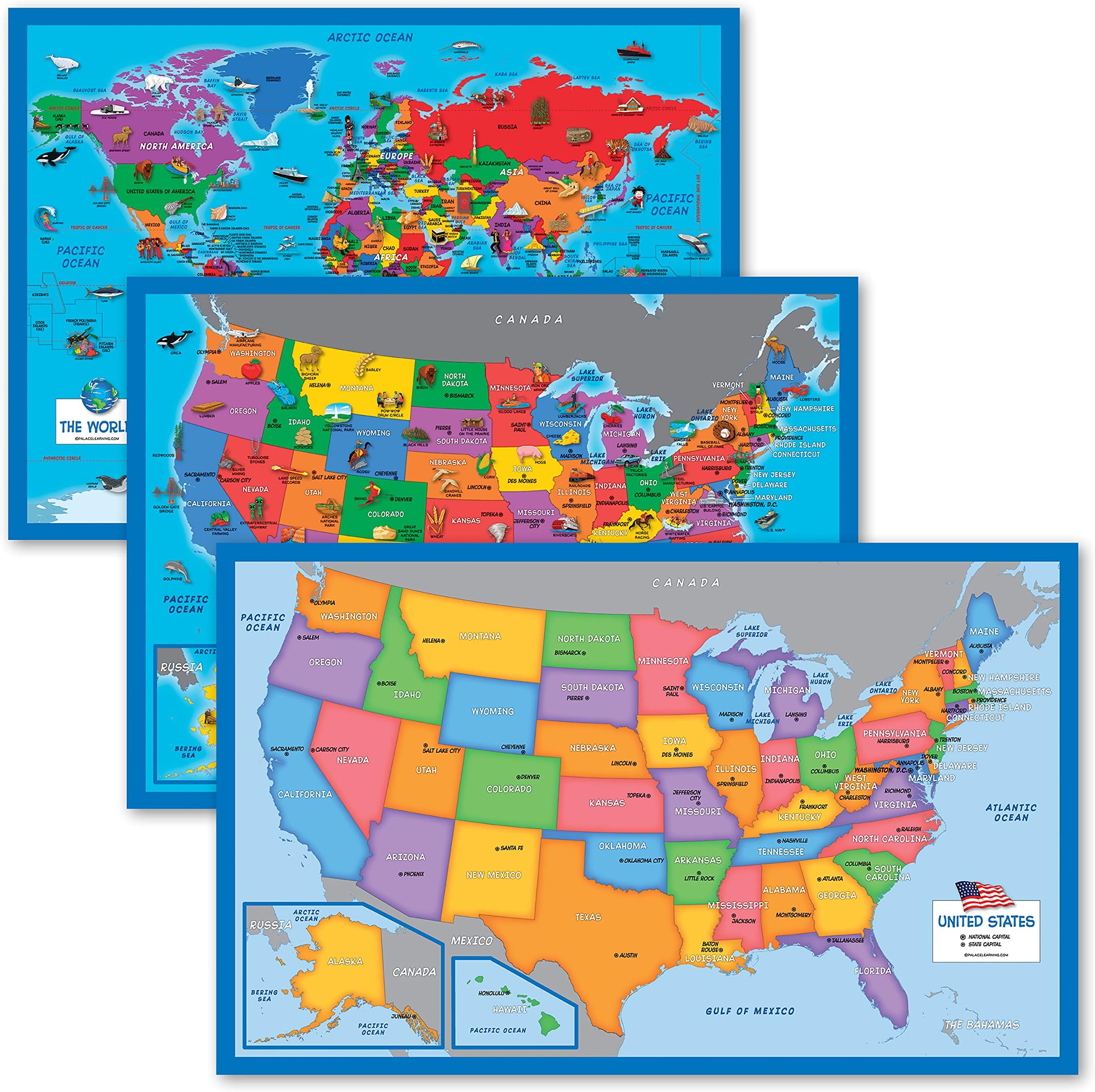 3 Pack - World & USA Map Chart [Illustrated Short] + Simplified USA Map for Kids (Laminated, 18” x 24”)
