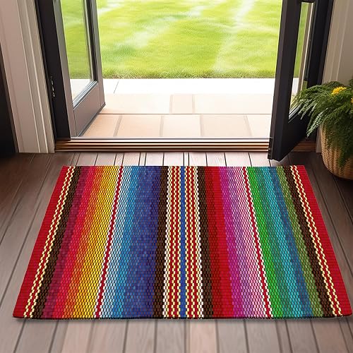 Front Door Mat,Mexican Indoor Outdoor Entrance Ethnic Stripes Rainbow Welcome