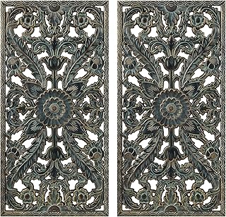 Madison Park Wall Art Living Room Décor - Floral Antiqued Wooden Carving Wall Decor Panel, Copper Embellished, Ready to Hang Wall Decor for Bedroom, 15.75"W x 31.5"L x 0.59"D, Patina Blue, 2 Piece