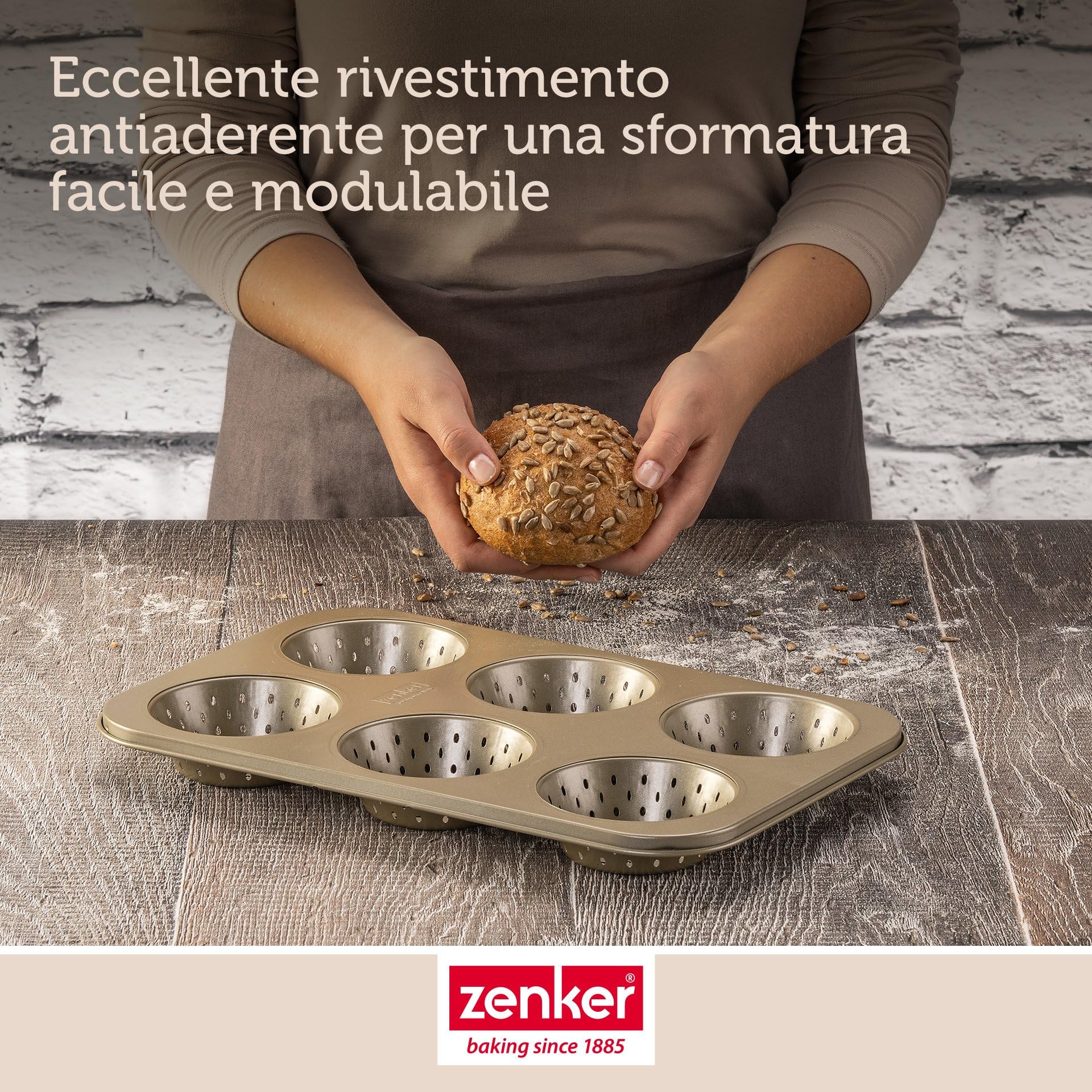 Zenker 6 teglie per panini – Stampo perforato per panini croccanti – Rivestimento antiaderente che impedisce l'incollaggio – Resistente al calore fino a +230°C, 34 x 22 x 3 cm