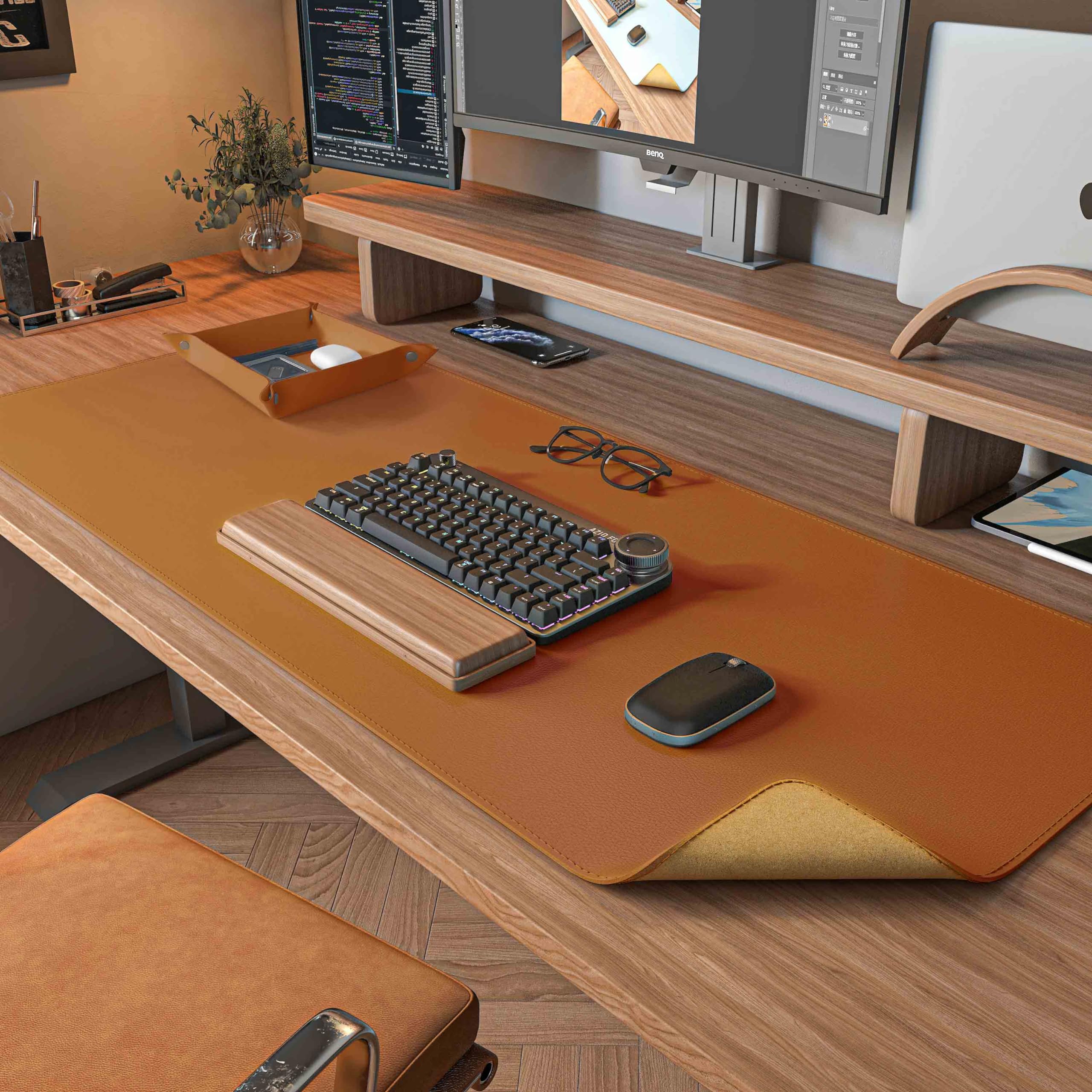 DAWNTREESDual Sided Desk Mat,Leather Desk Pad,Brown Cork Desk Mat Protector,with PU Leather Valet Tray Organizer,Large Mouse Pad,Desk Writing Pad for Office and Home(31.5"x15.8")