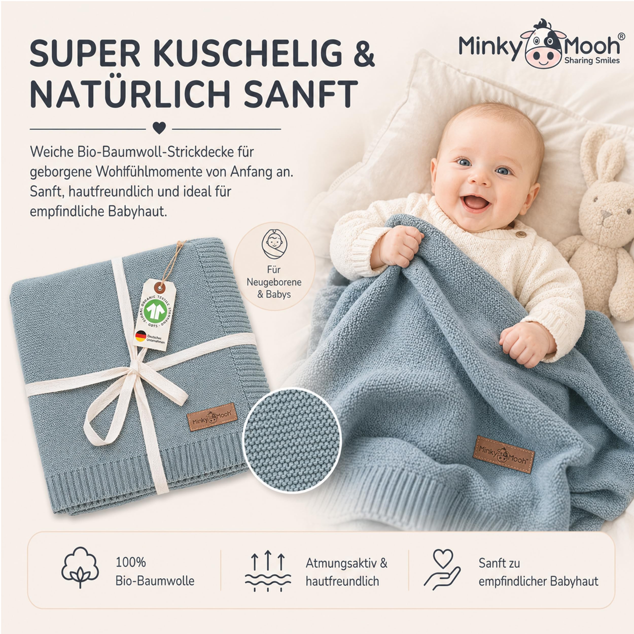 Babydecke aus 100% Bio Baumwolle (Öko-Tex 100) Gr. 94x72cm blau - Baby & Kuscheldecke Geschenk für Neugeborene zur Geburt Erstausstattung - Pucktuch & Baumwolldecke Mädchen & Jungen