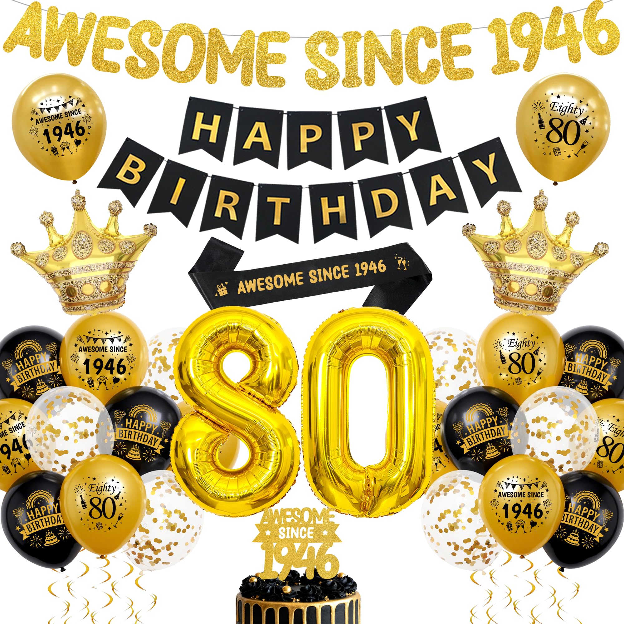 80th Birthday Decorations Balloon Black Gold, Awesome Since 1946 Banner Set
